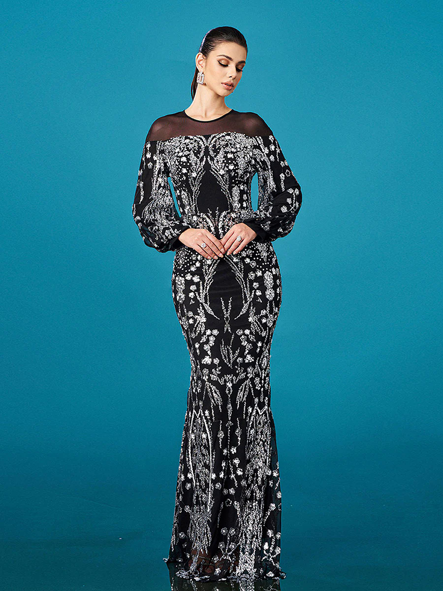 Ballon Sleeve Floral Sequin Mermaid Formal Dress GM00647
