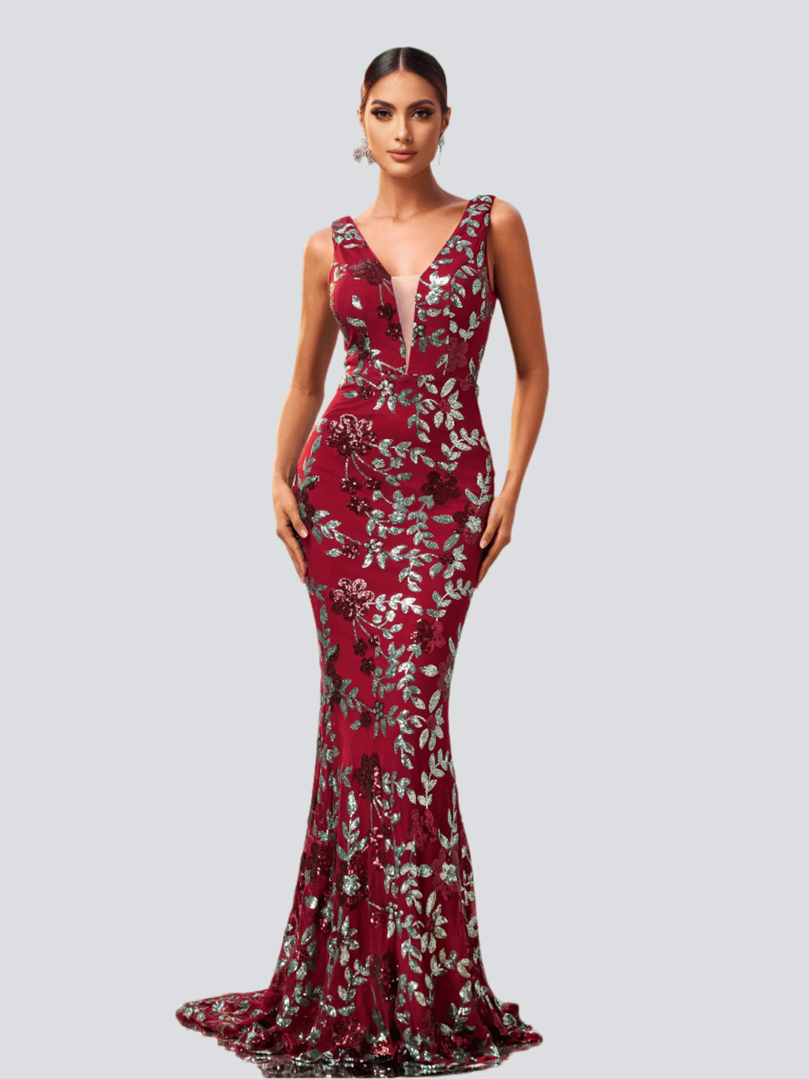 Floral V-neck Sequin Mermaid Prom Dress RJ10790