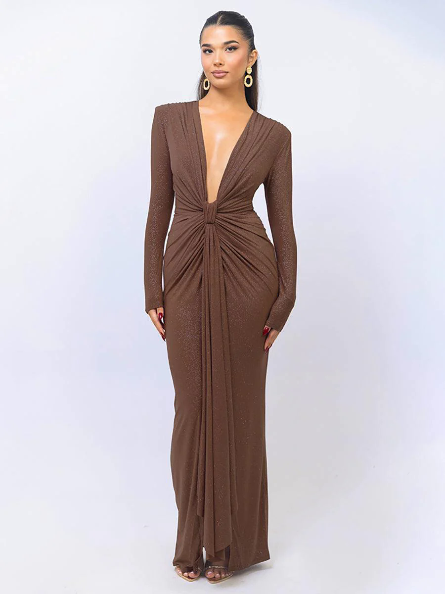 Plung Long Sleeve Ruched Solid Prom Dress MYC2022