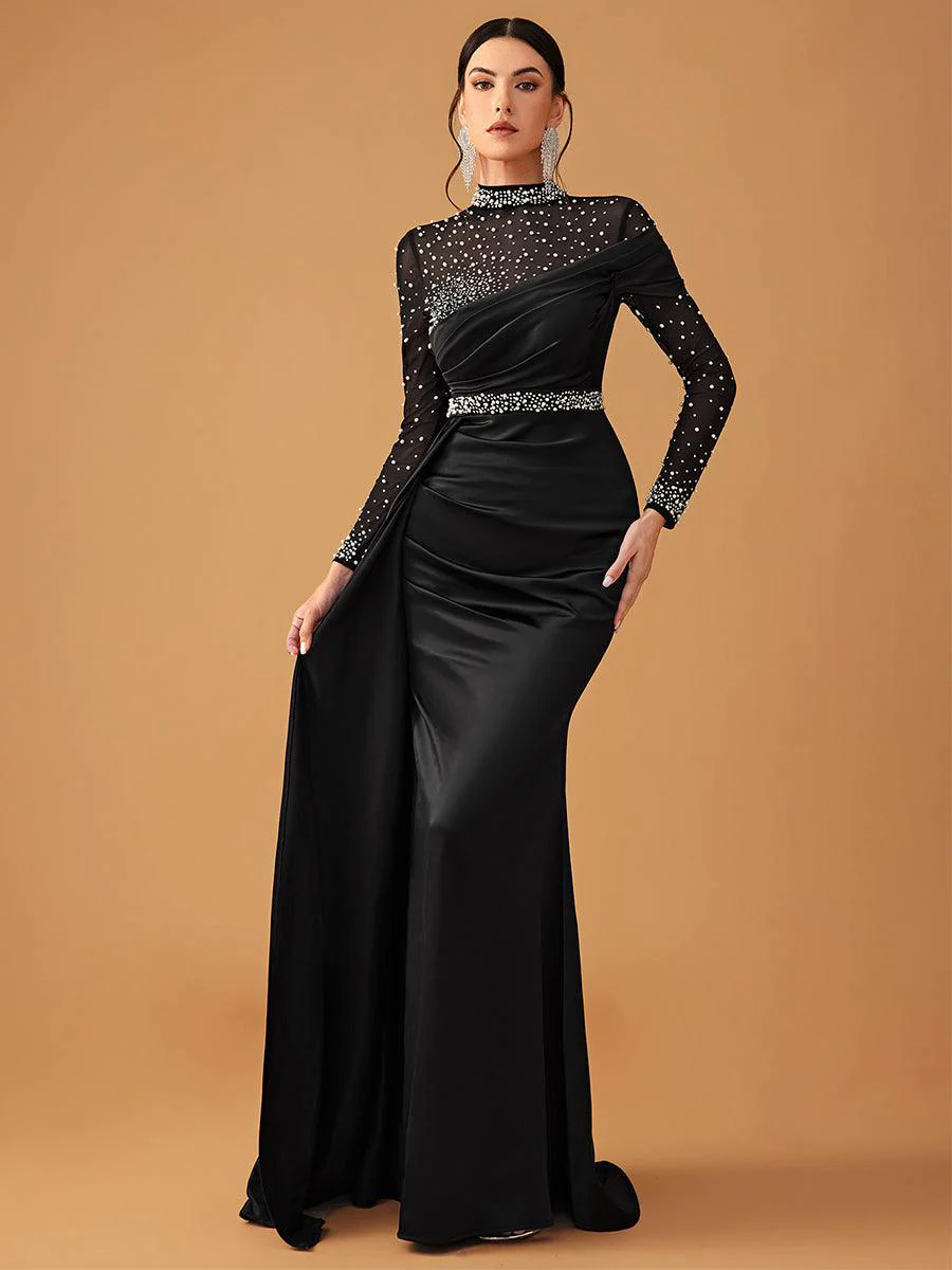 Elegant Mesh Beaded Satin Turtleneck Evening Dress GM90146