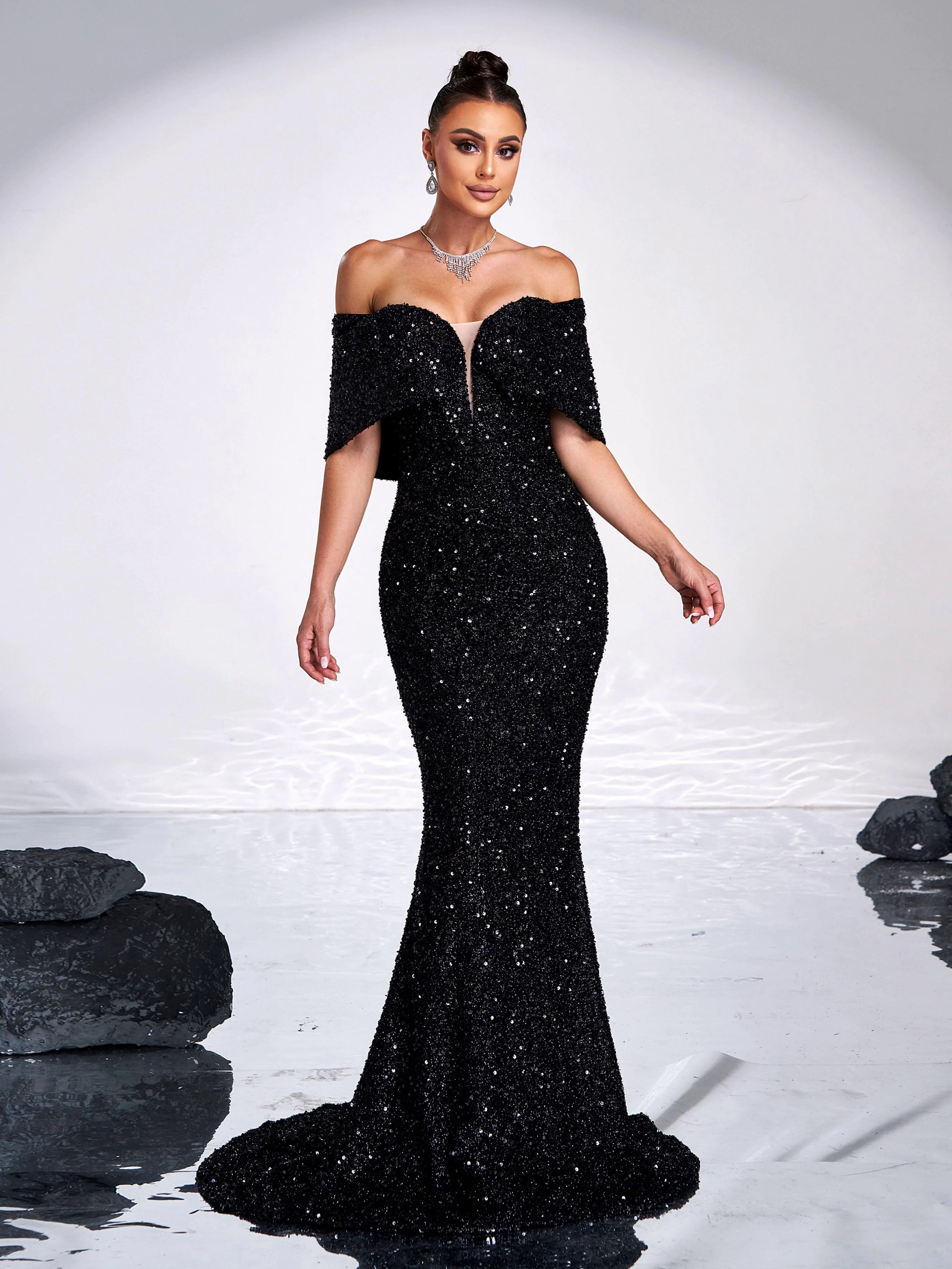 Sexy V-Neck Off Shoulder Sequin Formal Mermaid Dress RJ11992
