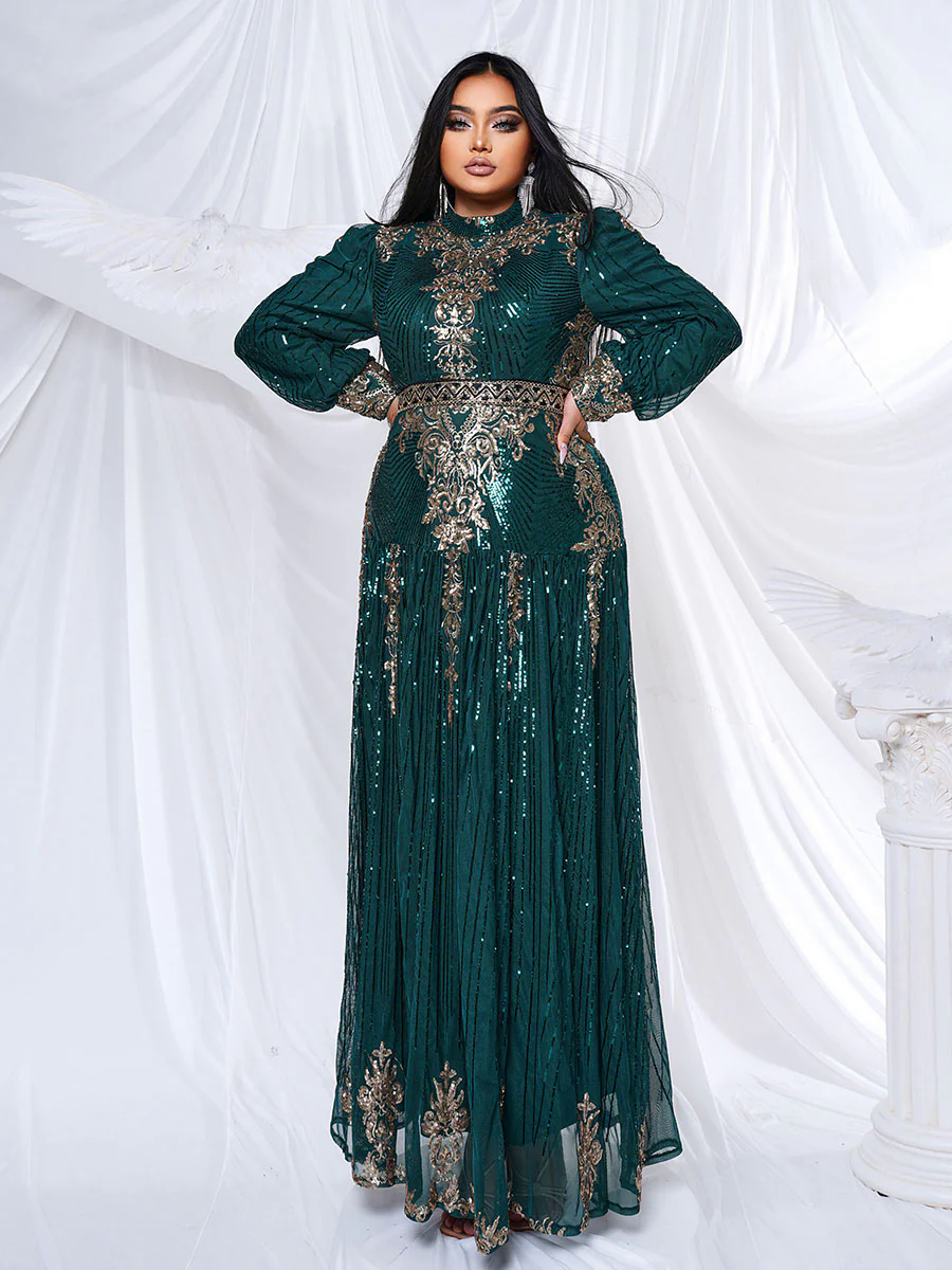 Plus Stand Collar Sequin A-line Dress PMES00341