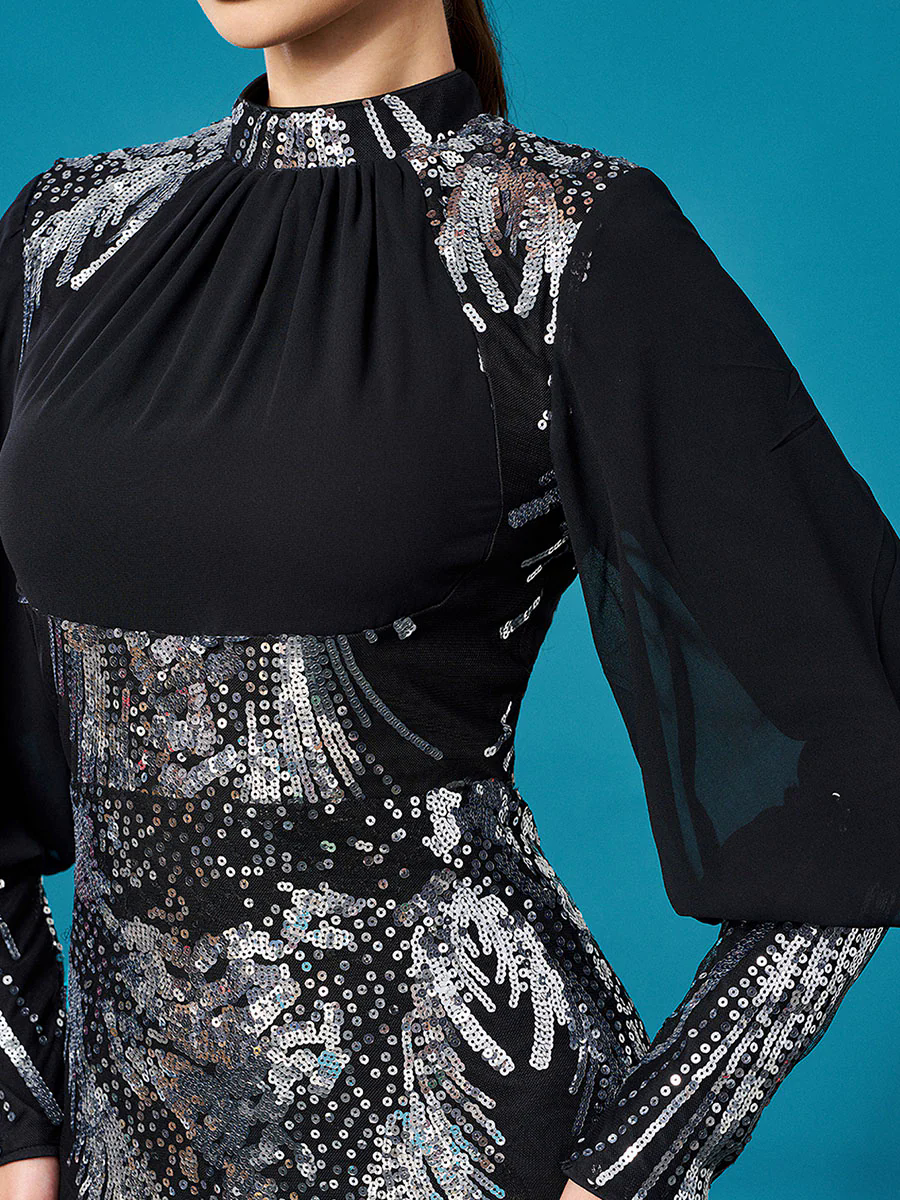 Silver Graphic Sequin Ballon Sleeve Prom Dress M00718