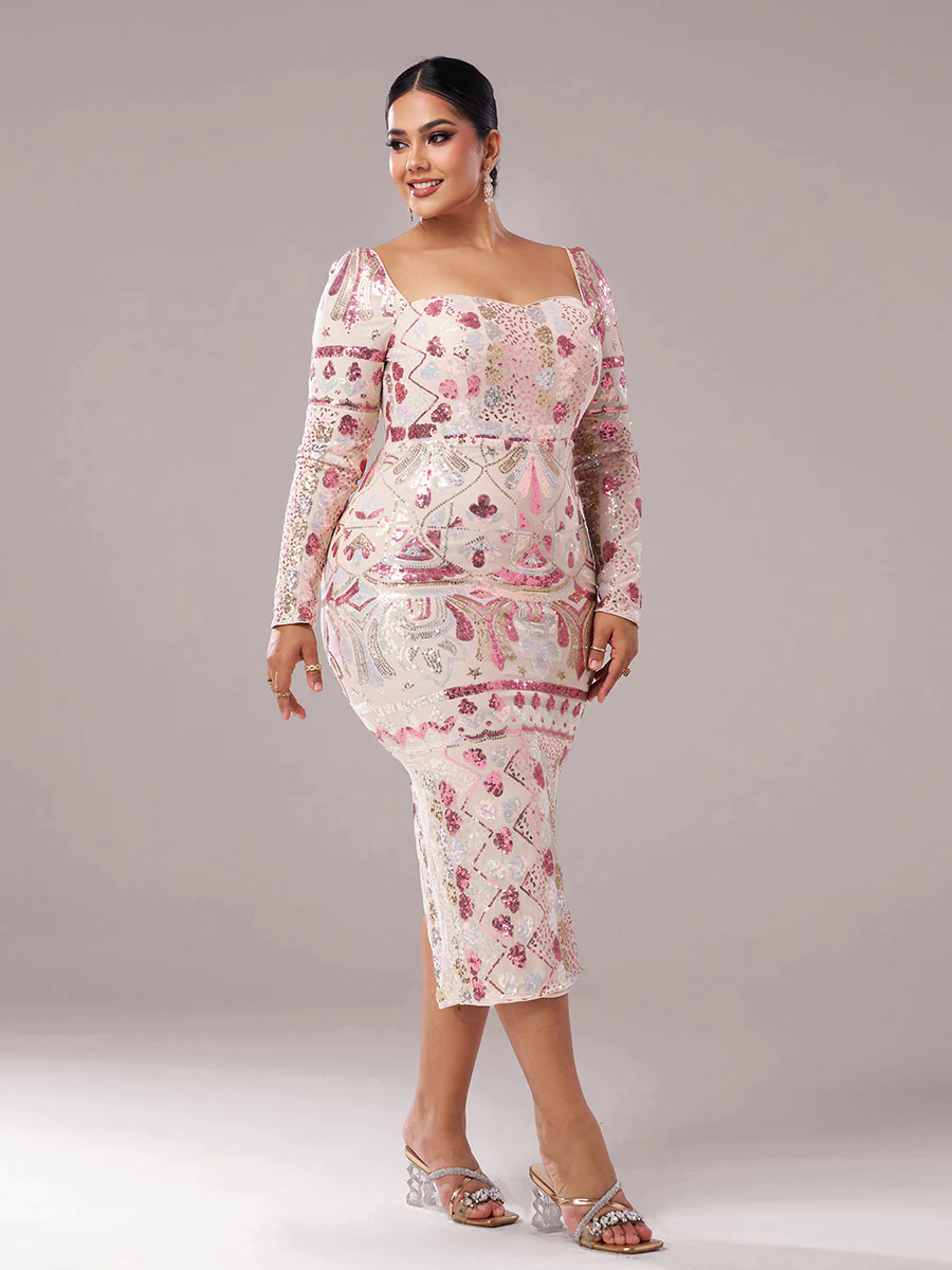 Plus Square Neck Sequin Split Midi Dress PRM20830