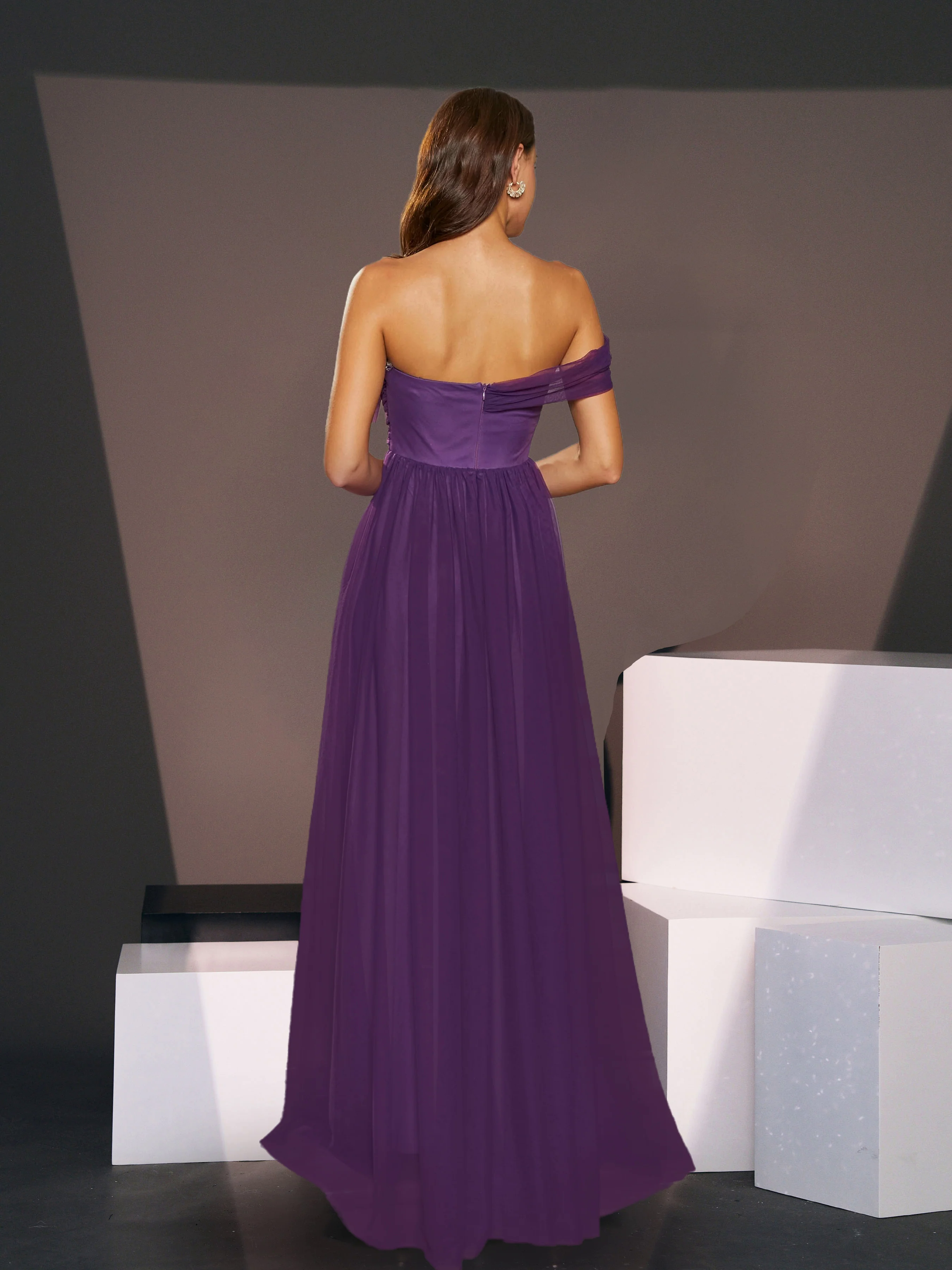 Off Shoulder Pleated A-Line Purple Tulle Bridesmaid Dress RJ10715