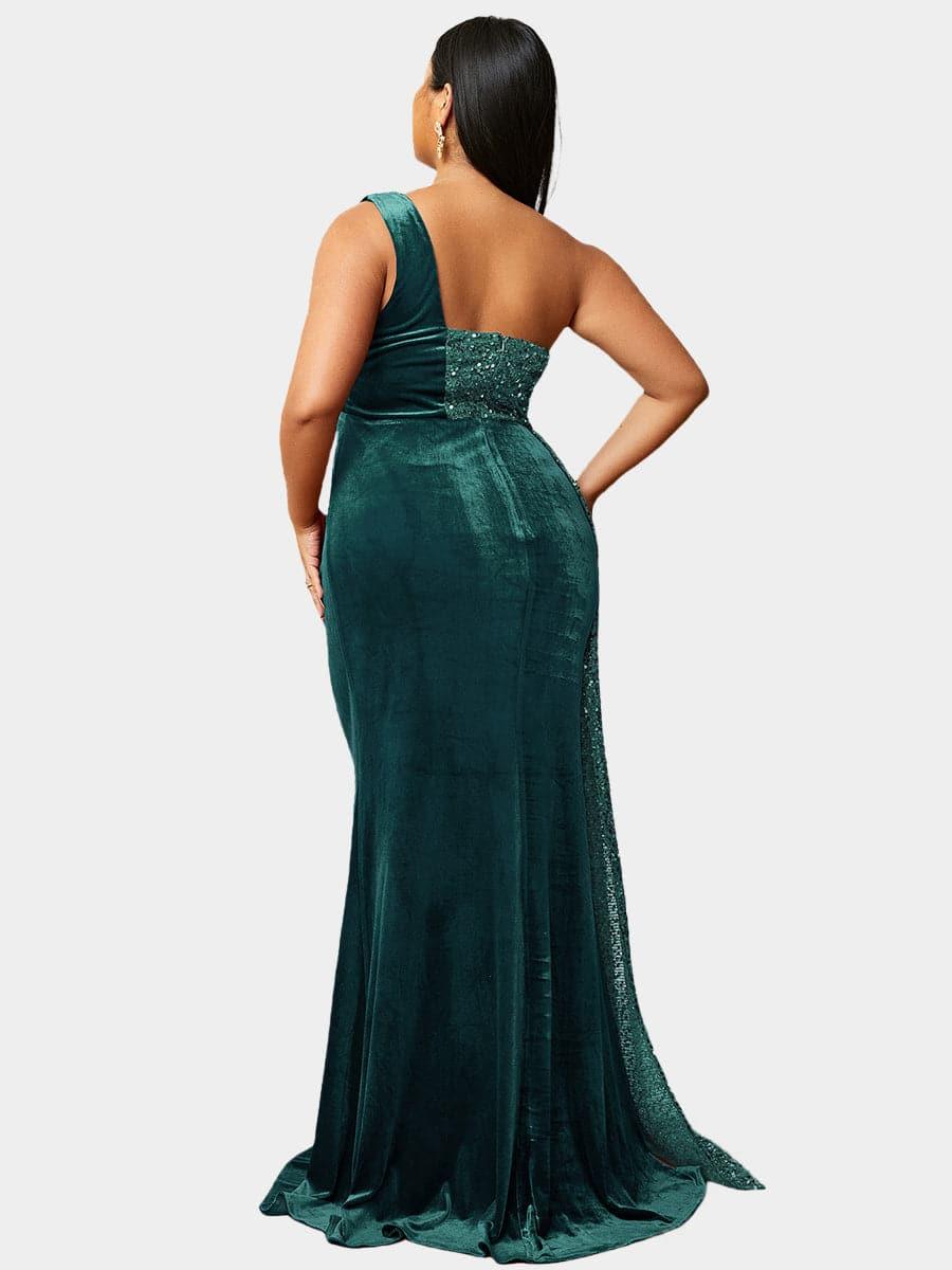 Plus Size One Shoulder Draped Sequin Burgundy Prom Dress PXH2356