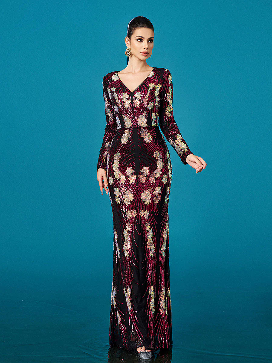 V-neck Floral Sequin Long Sleeve Prom Dress DH80236