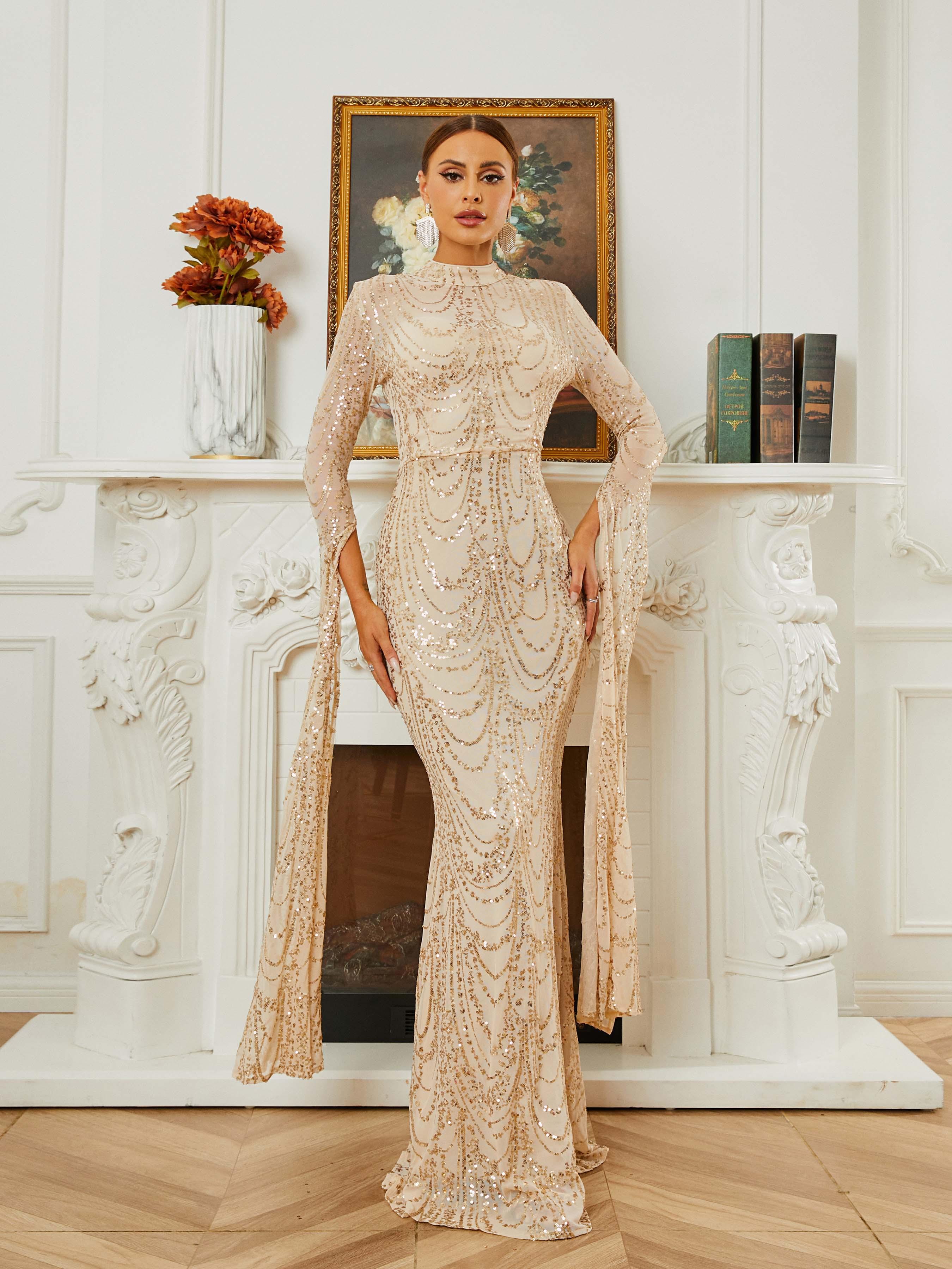Stand Collar Mermaid Long Sleeve Evening Dress RA60055