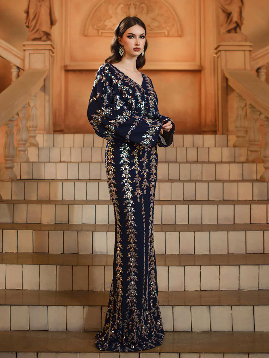 Bat-sleeve V-neck Leaf Sequin Loose Dress MES72148