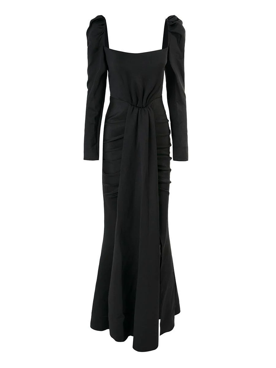 Puff Long Sleeve Split Black Mermaid Prom Dress XJ979