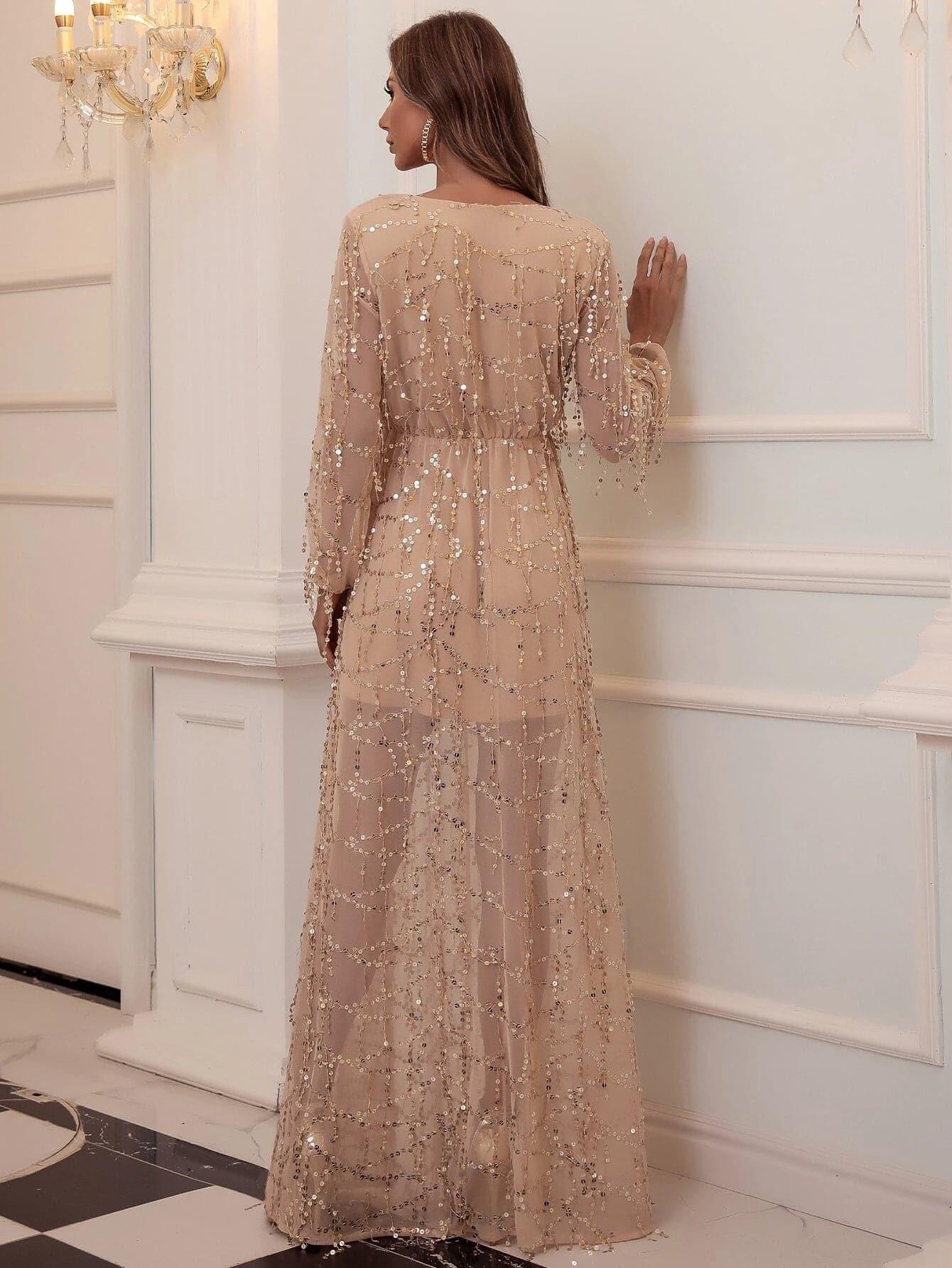 V-neck Wrap Hem Sequin Maxi Dress FT2901