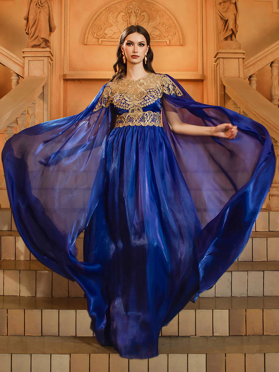 Blue Cape Sleeve Muslim Embroidered Dress DH80540