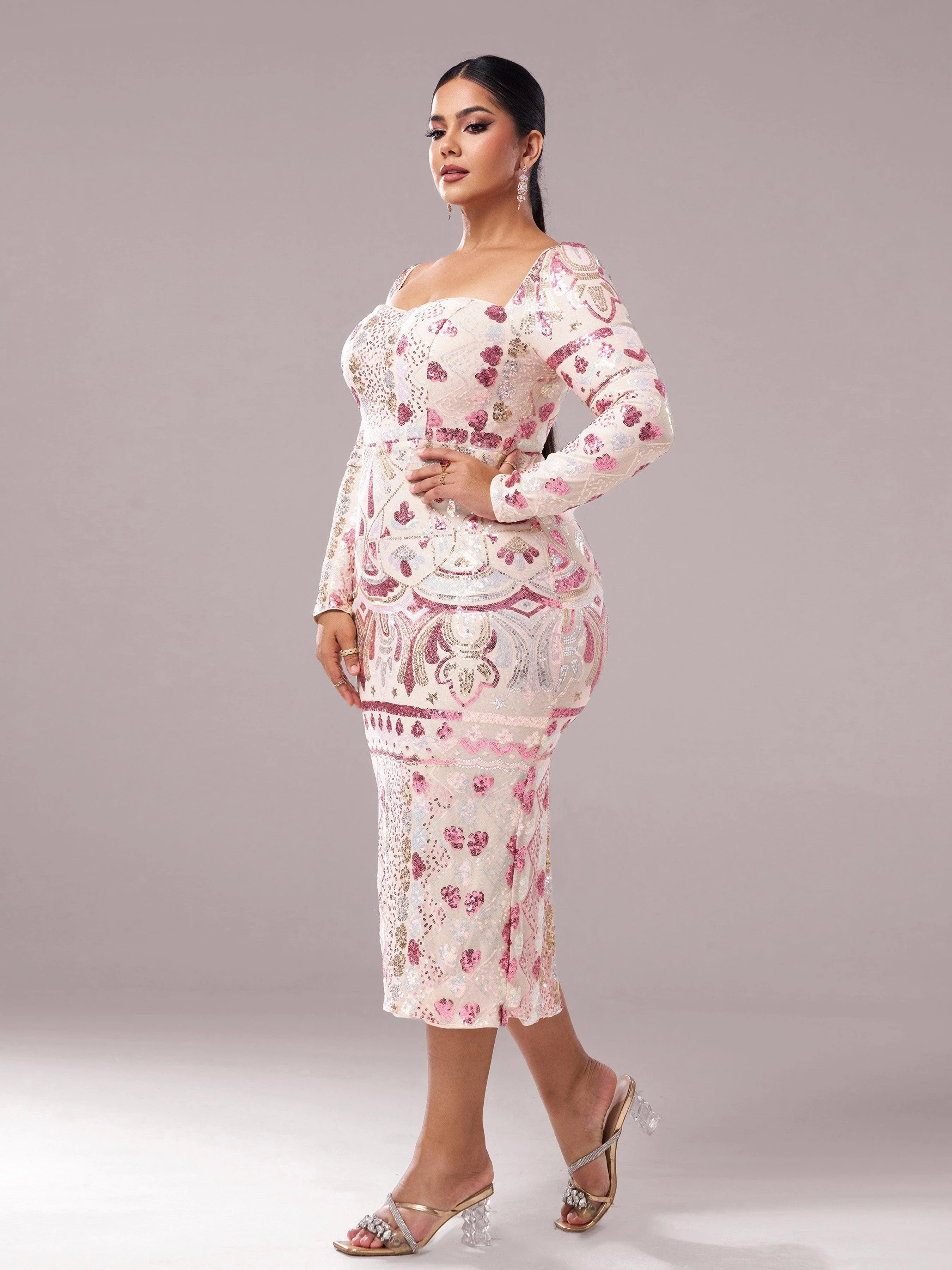 Plus Square Neck Sequin Split Midi Dress PRM20830