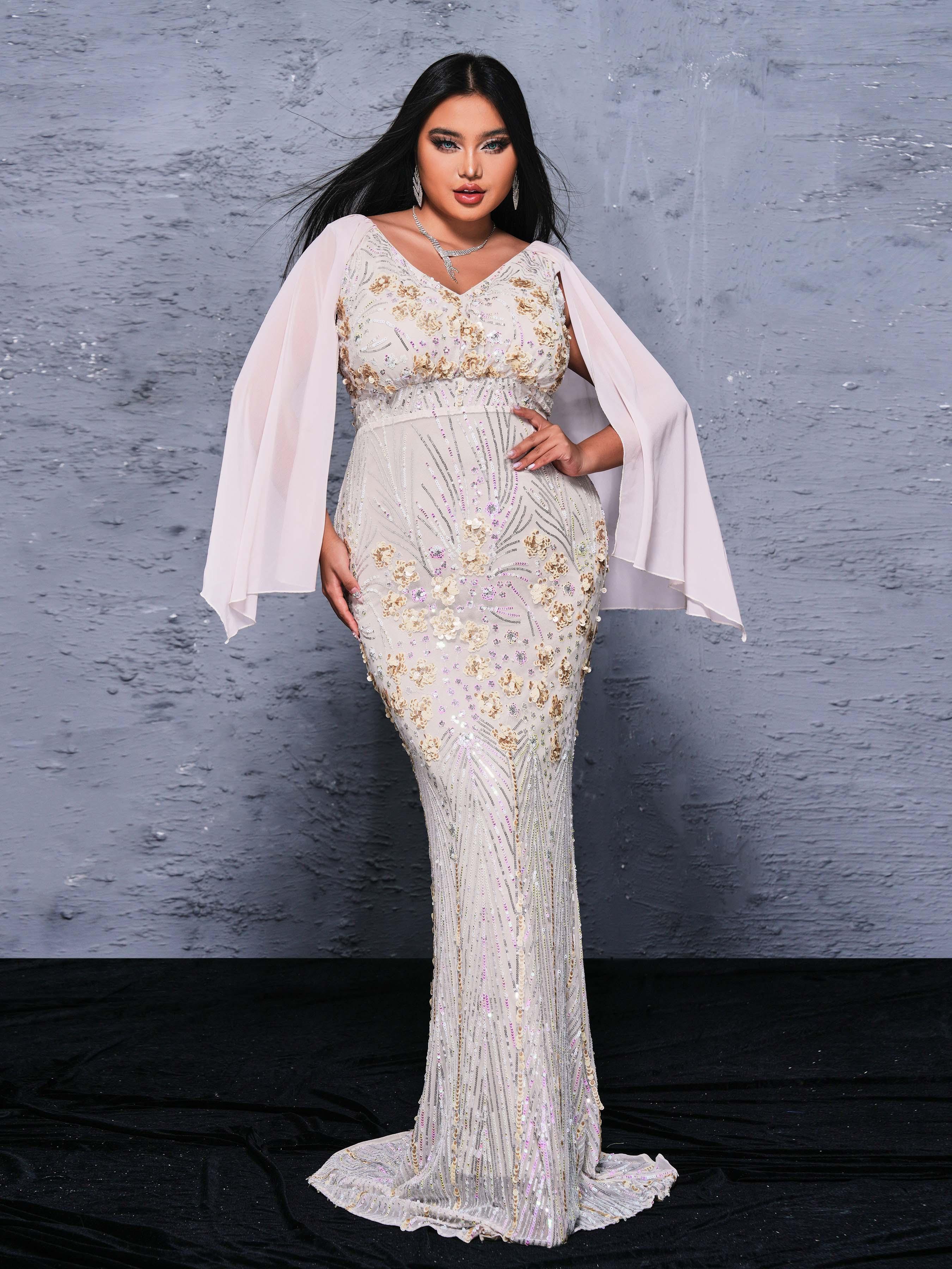 Plus V-neck Floral Sequin Mermaid Dress PRX70154