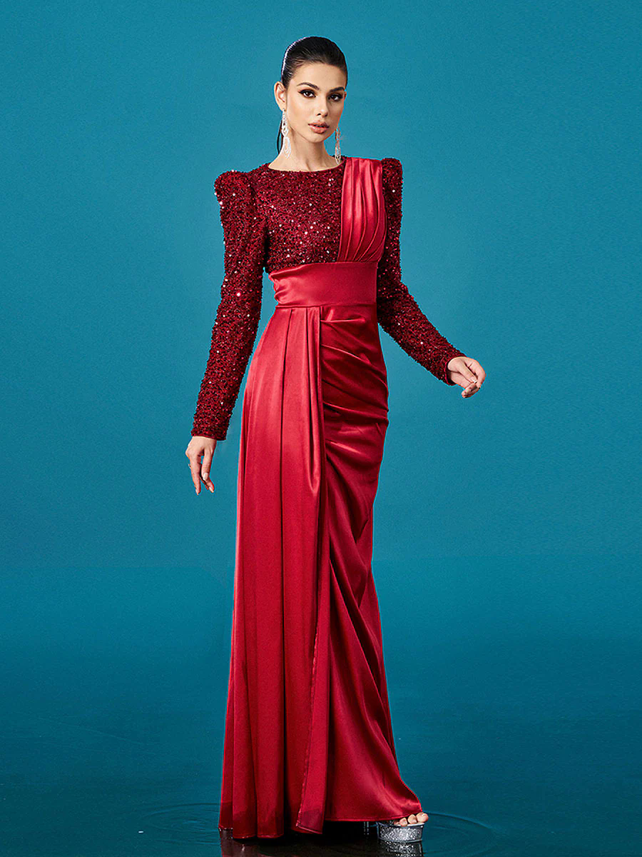 Red Panel Split Ruched Long Sleeve Prom Dress DH80422