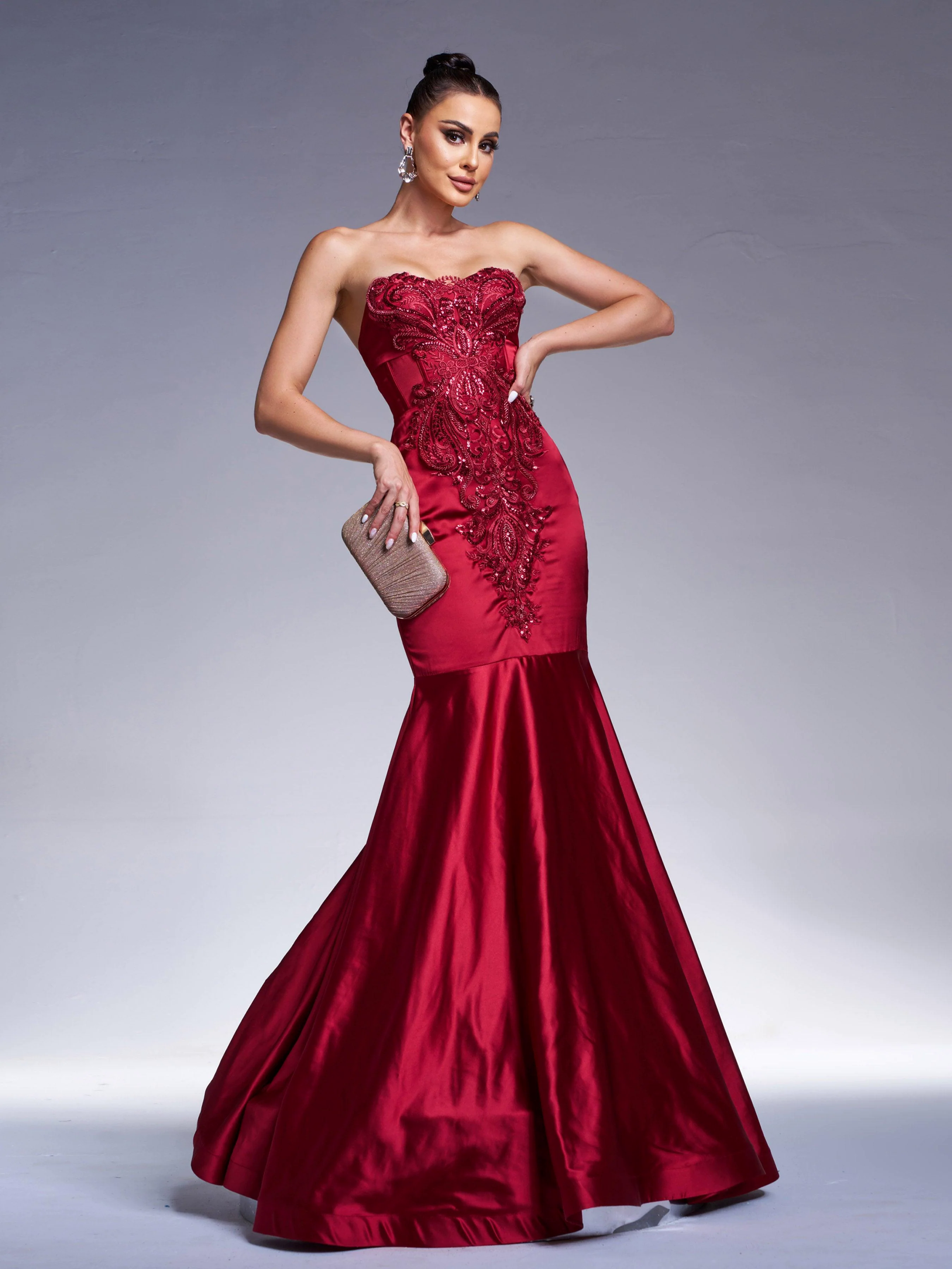 Red Strapless Embroidered Mermaid Evening Dress RX70101