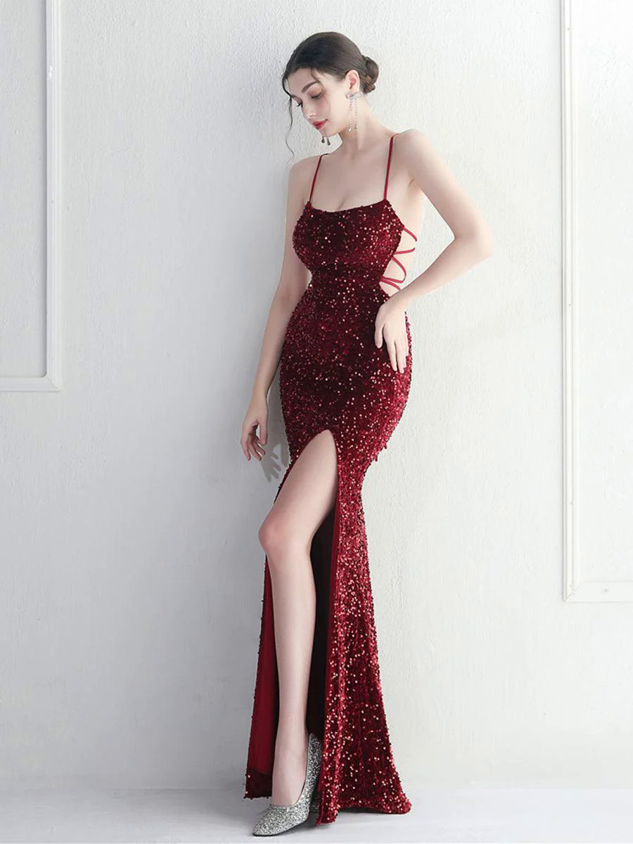 Lace Back Split Sequin Spaghetti Cocktail Dress MYC2004