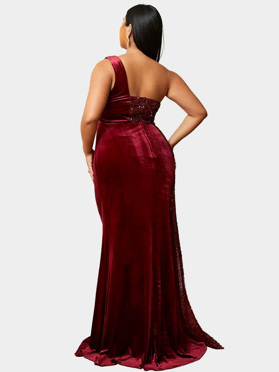 Plus Size One Shoulder Draped Sequin Burgundy Prom Dress PXH2356