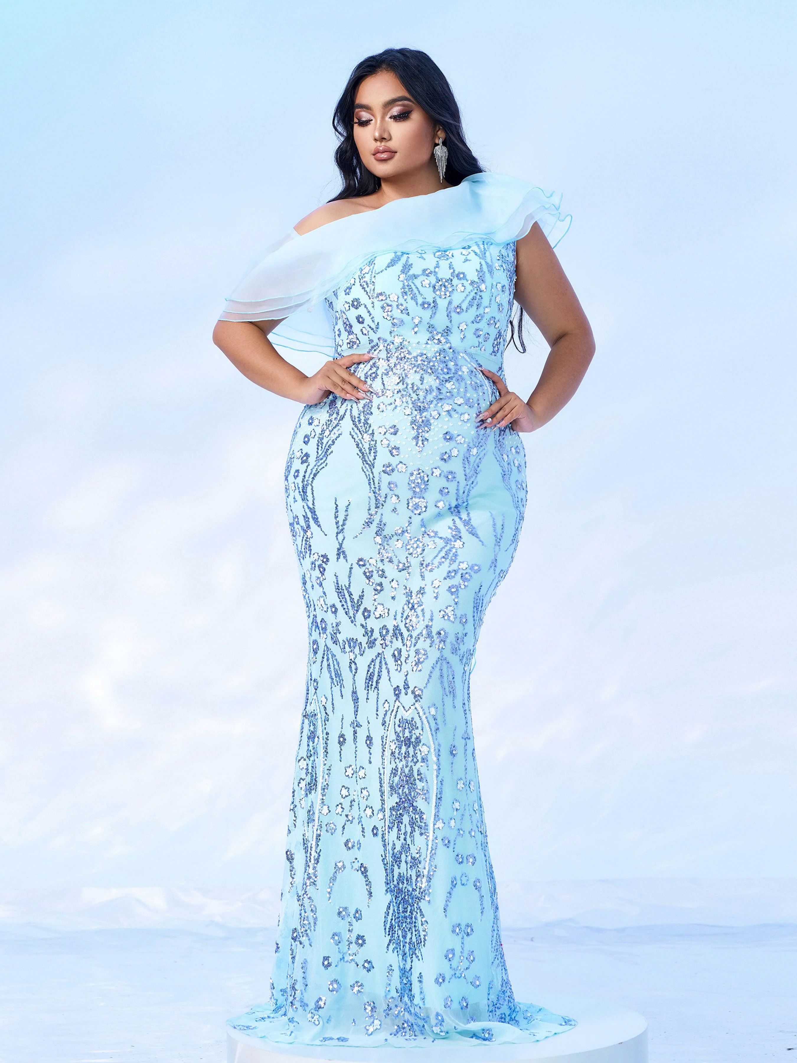 Plus Off Shoulder Ruffled Seuqin Mermaid Prom Dress PRX70231