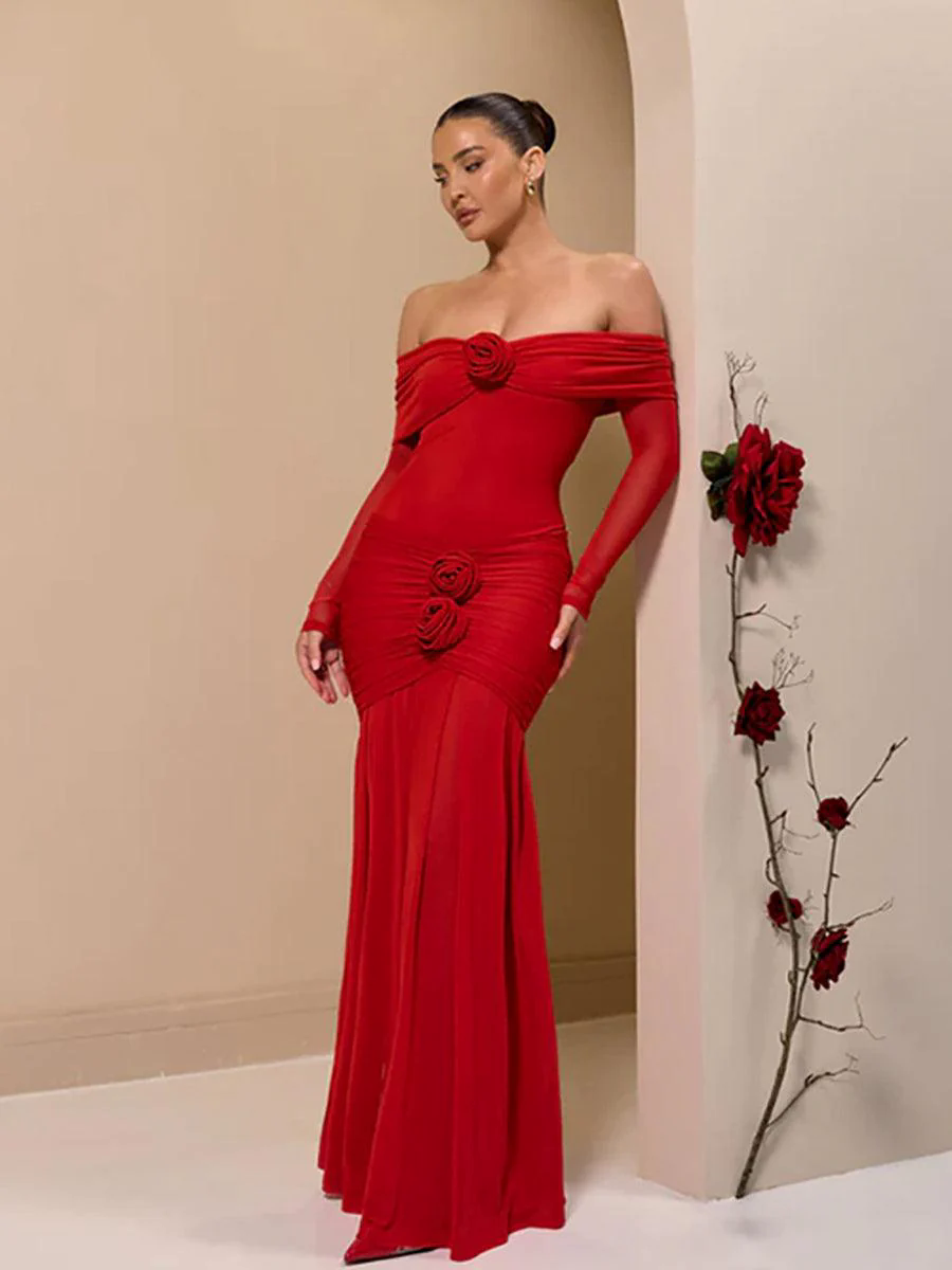 Off Shoulder Floral Flounce Prom Dress MYC2028