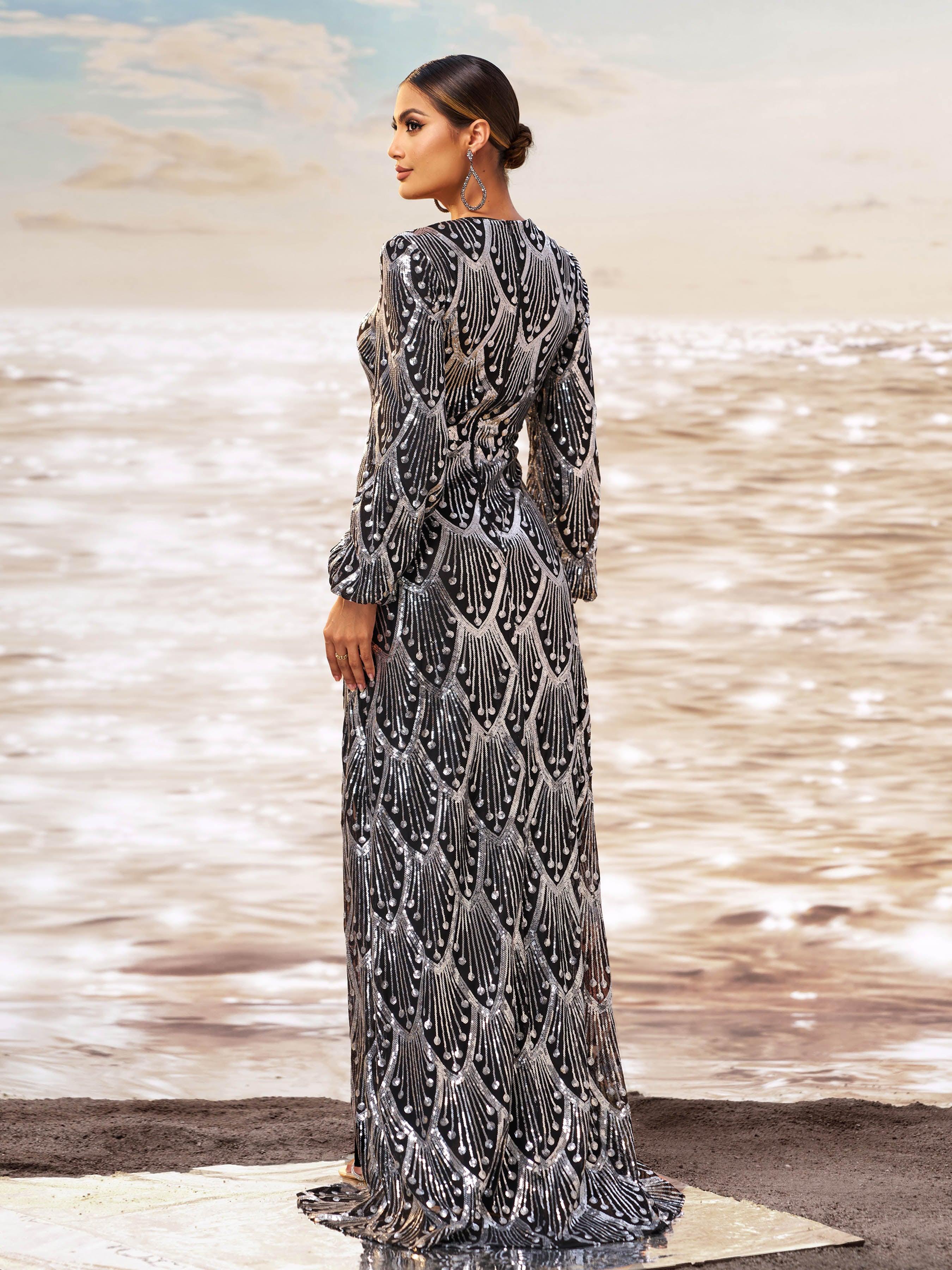 Black Sequin V-neck Split Evening Dress GM00658