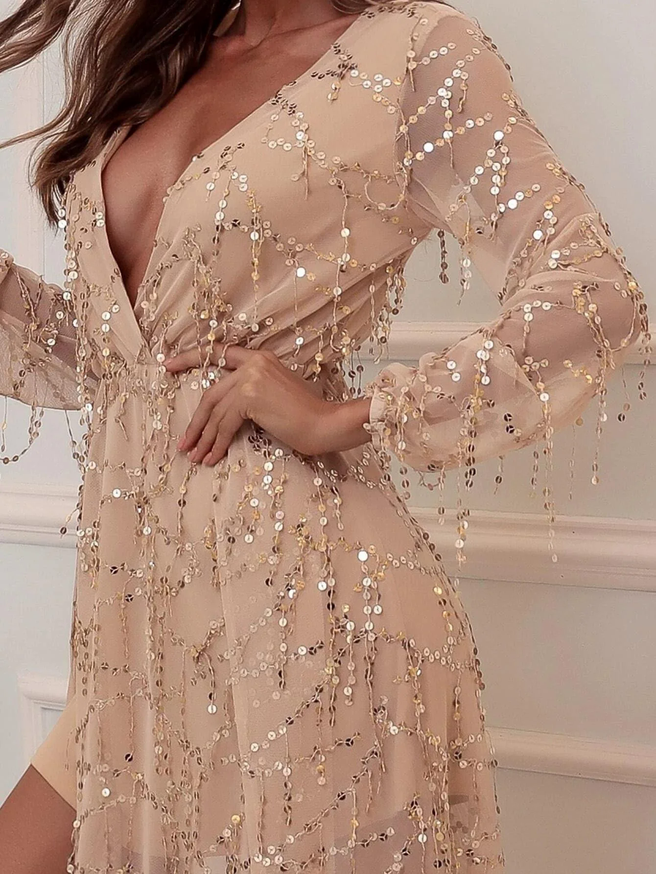 V-neck Wrap Hem Sequin Maxi Dress FT2901