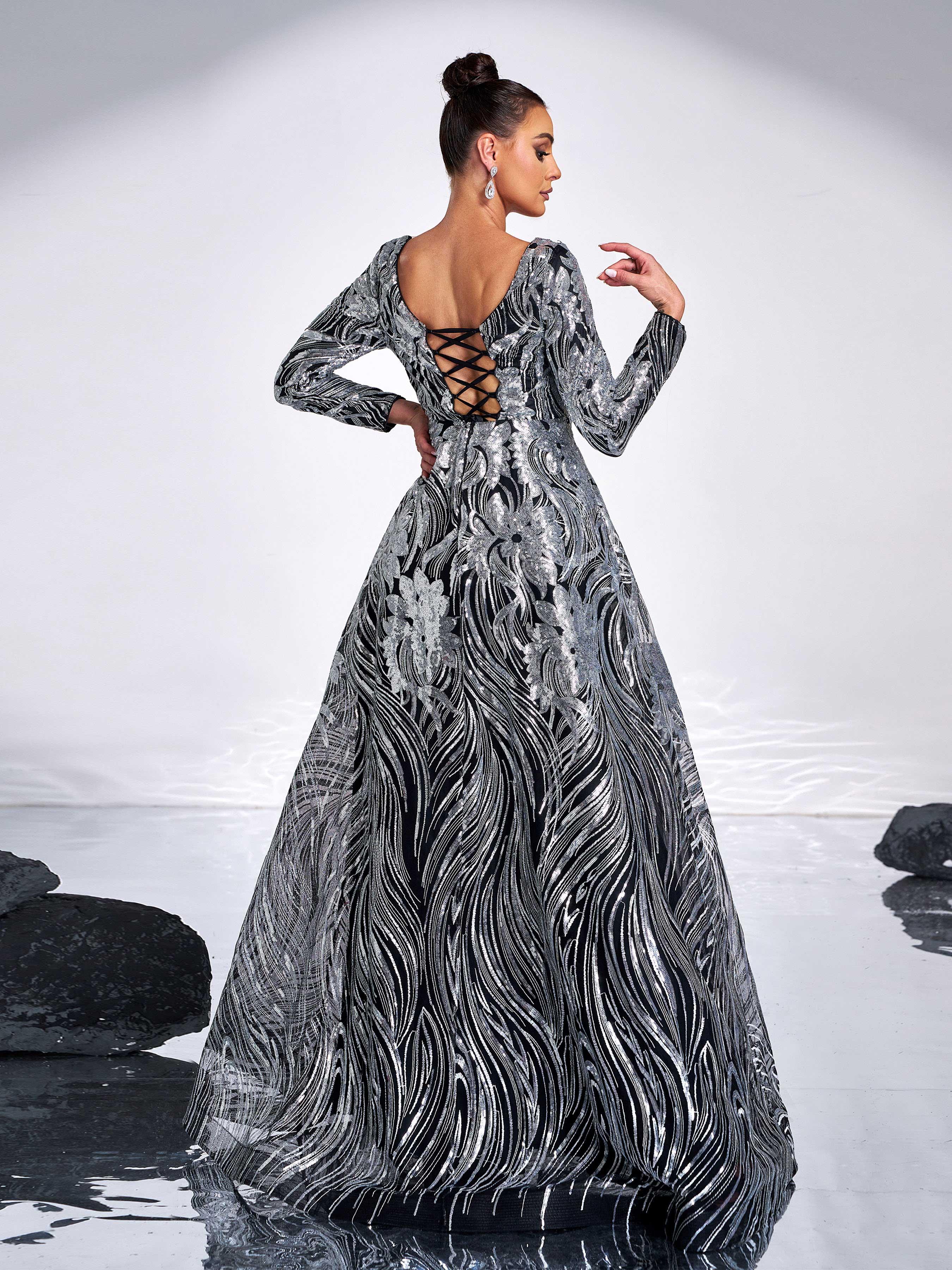 Black Panel A-line Sequin Evening Dress GM00588