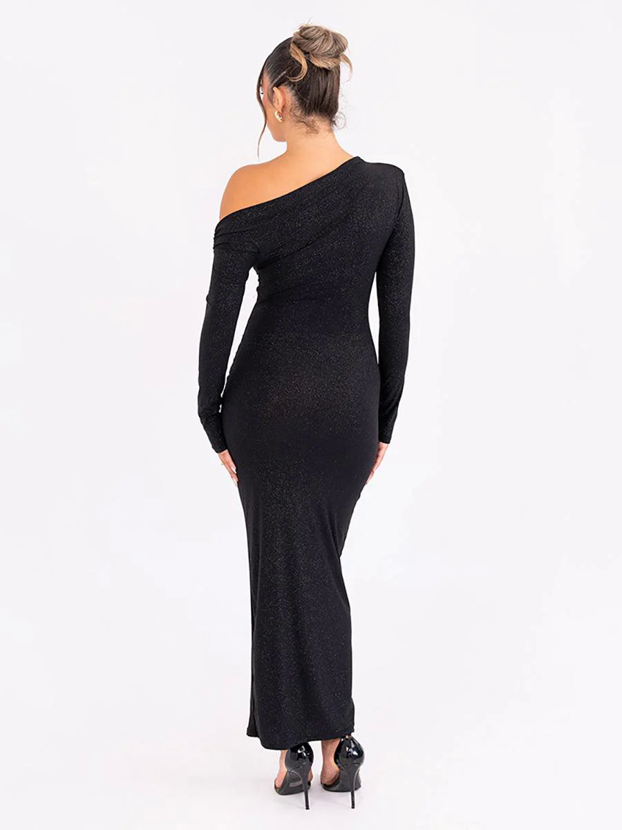 Slash Neck Solid Ruched Knot Prom Dress MYC2023