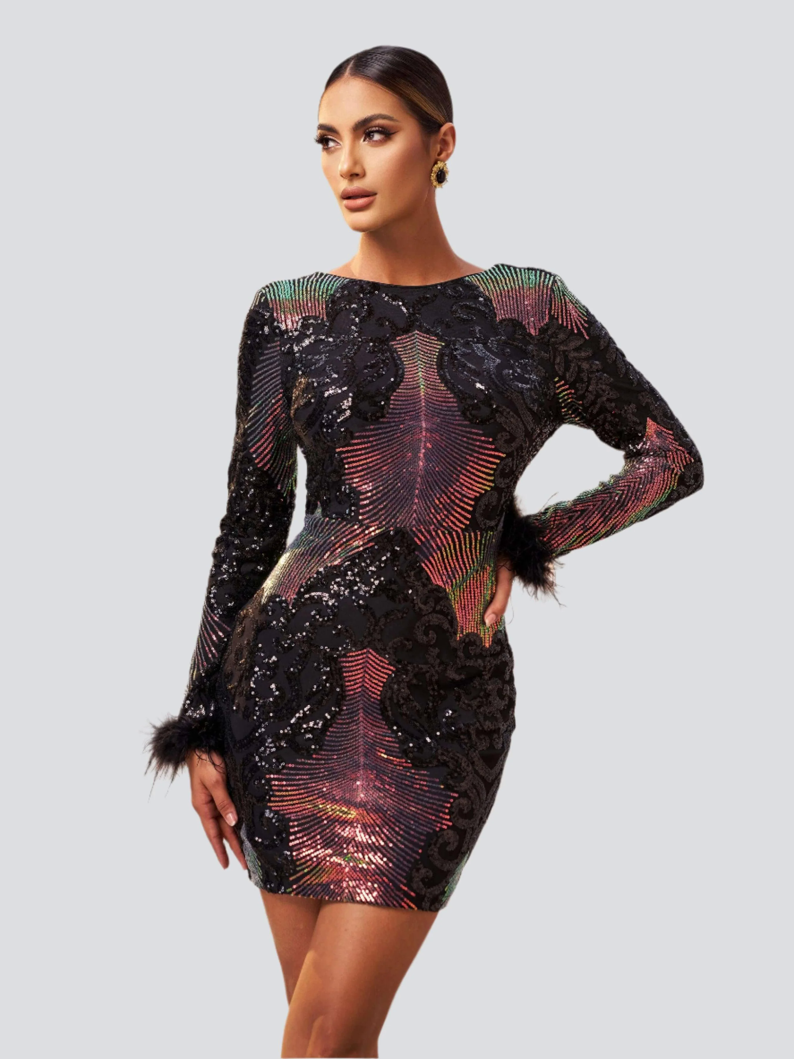 Feather Sleeve Contrast Black Sequin Mini Dress GM90013