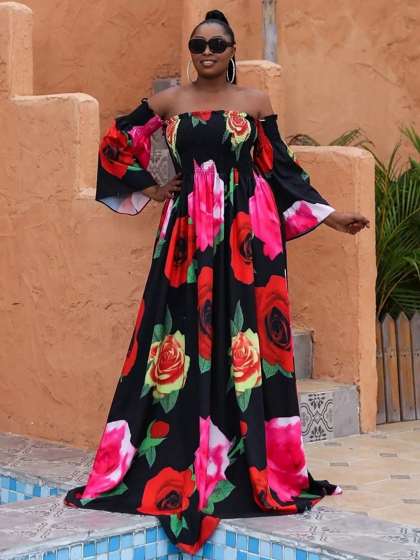 Missord Plus Floral Print Shirred Bardot Dress P0121