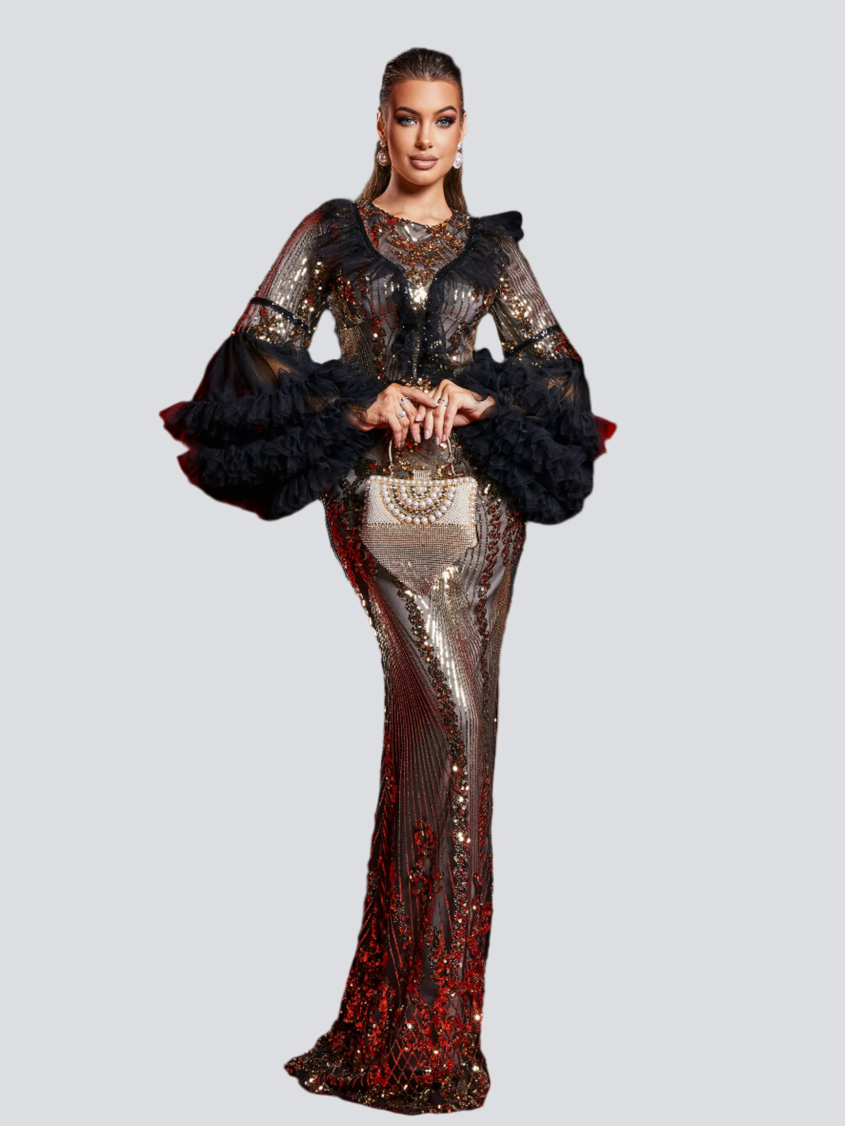 Flared Sleeve Sequin Panel Formal Dress GM00271