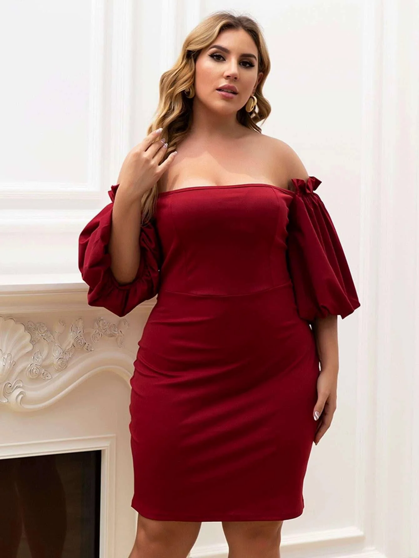 Plus Size Off Shoulder Bishop Sleeve Mini Satin DarkRed Prom Dress P0052