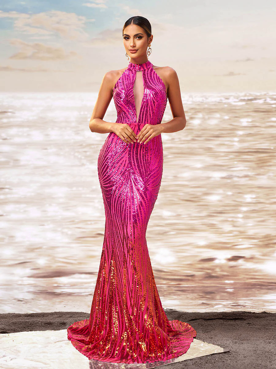 Pink Mermaid Sequin Floor Length Deep V Dress RJ11046