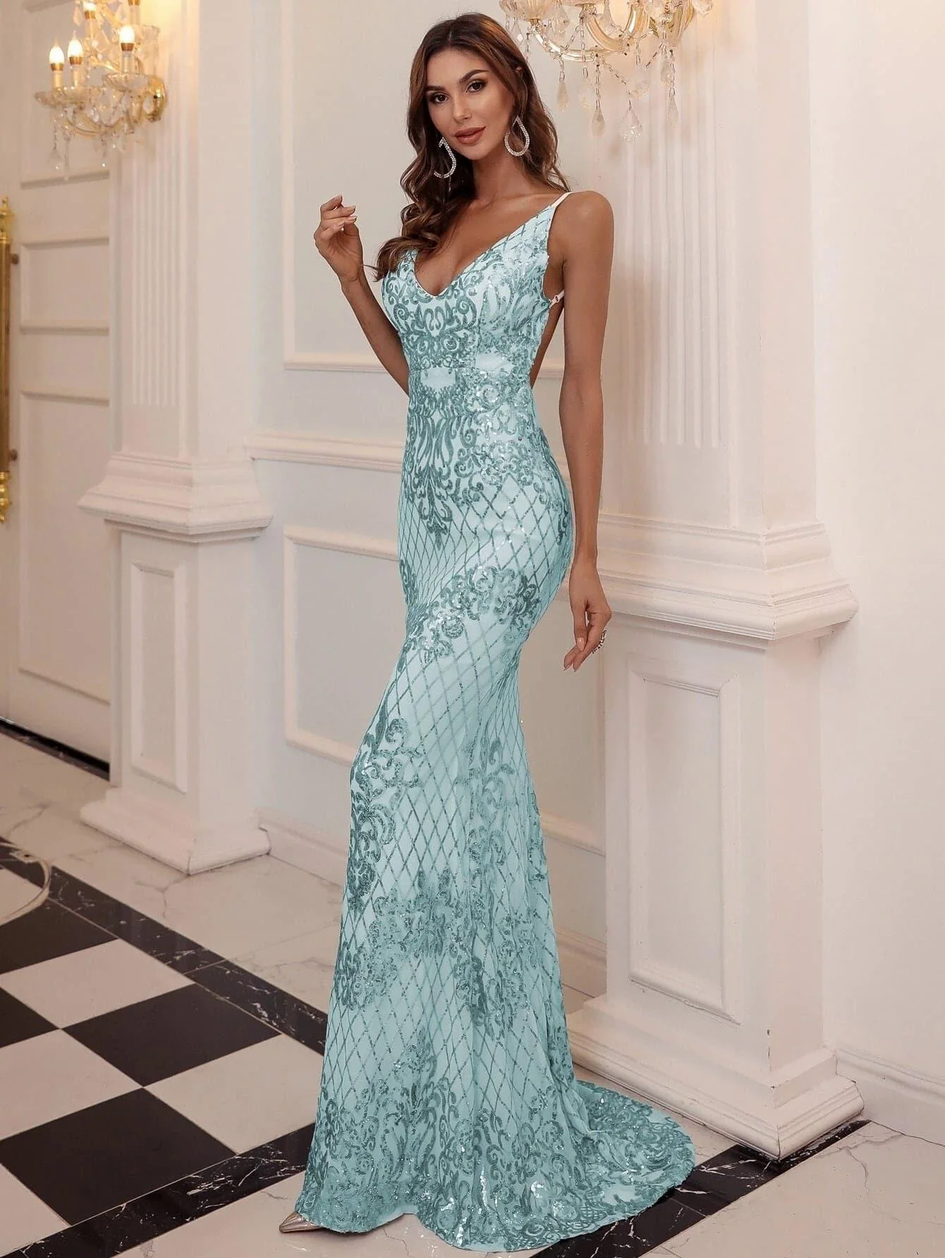 Mermaid Spaghetti Sequin Evening Dress M0645