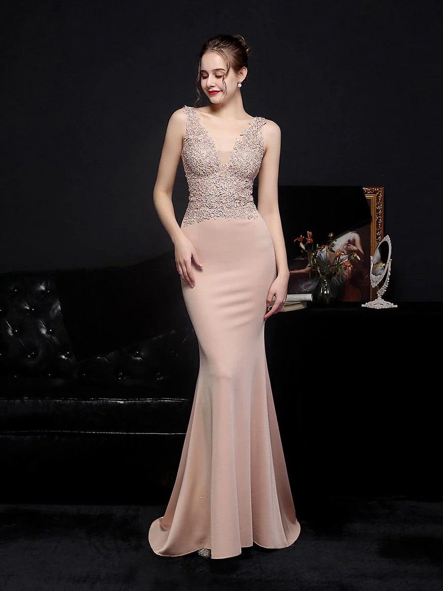 V-neck Sleeveless Embroidered Evening Dress MCW0951