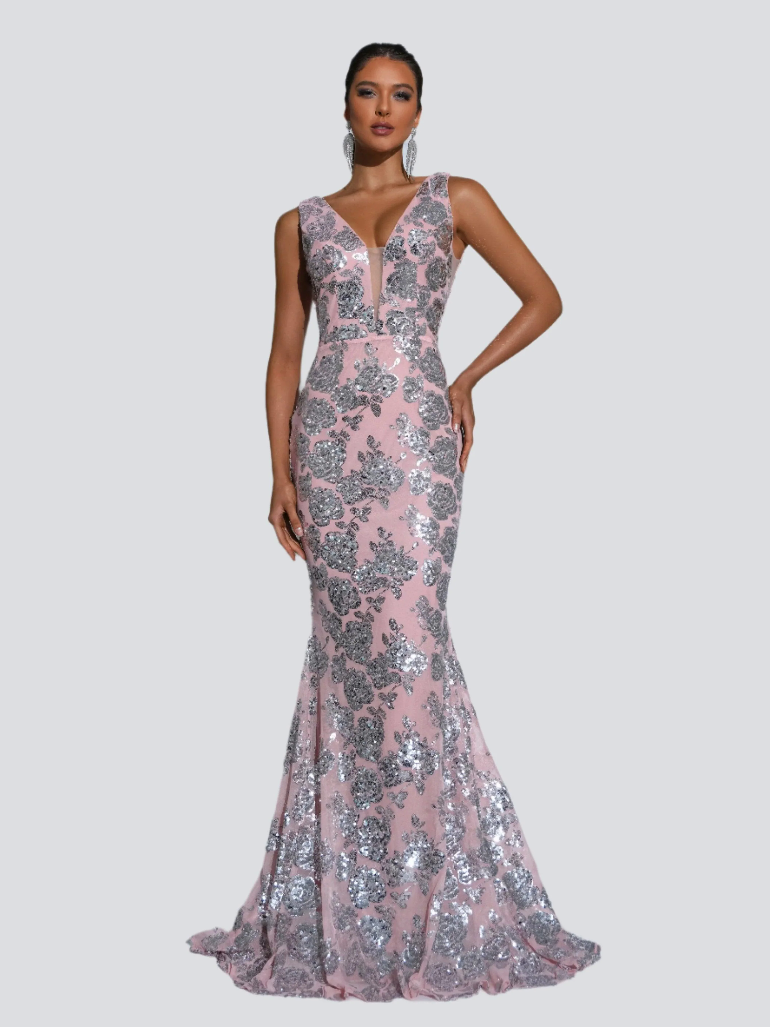 V-neck Floral Sequin Mermaid Dress RJ11513