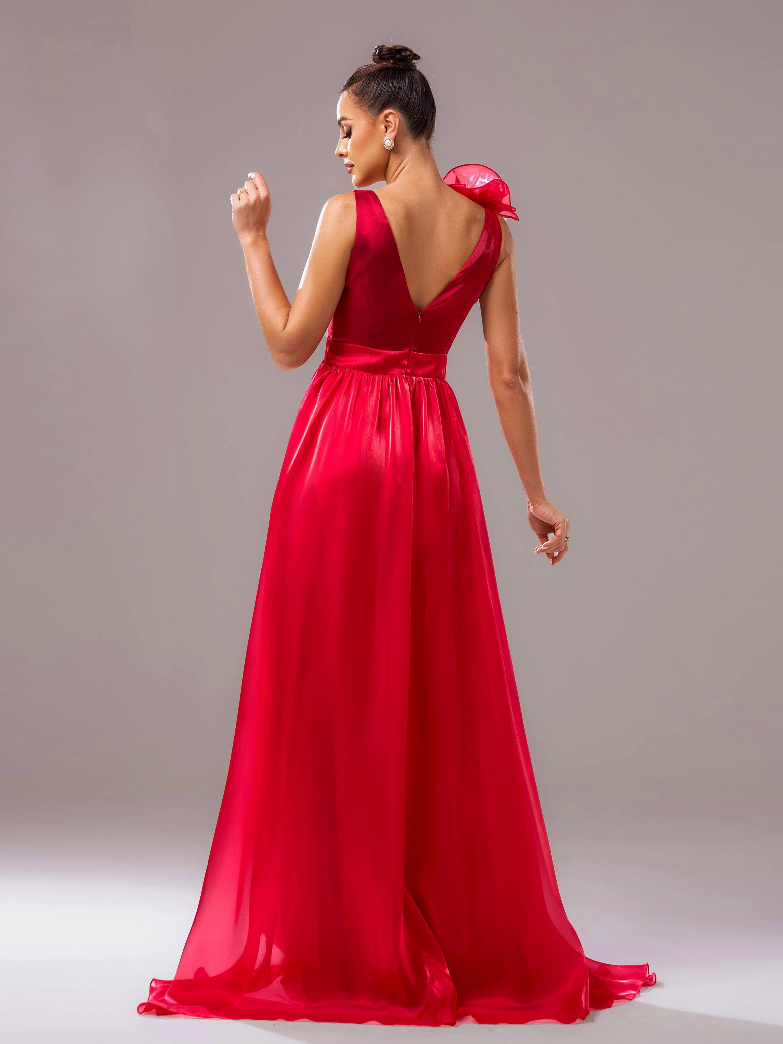 Red Floral Satin V-Neck A-line Evening Dress GZ60108