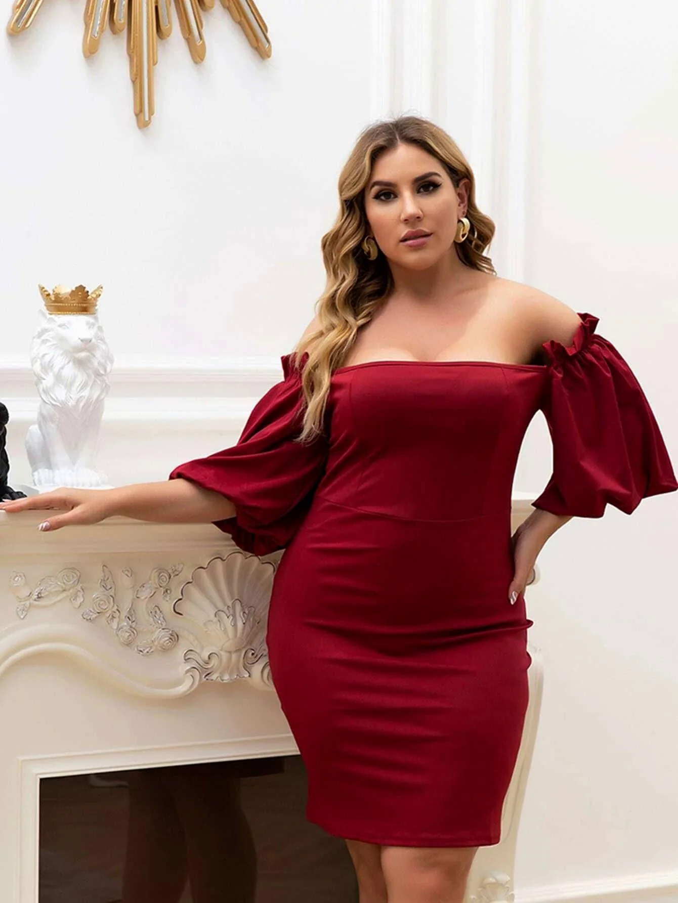 Plus Size Off Shoulder Bishop Sleeve Mini Satin DarkRed Prom Dress P0052