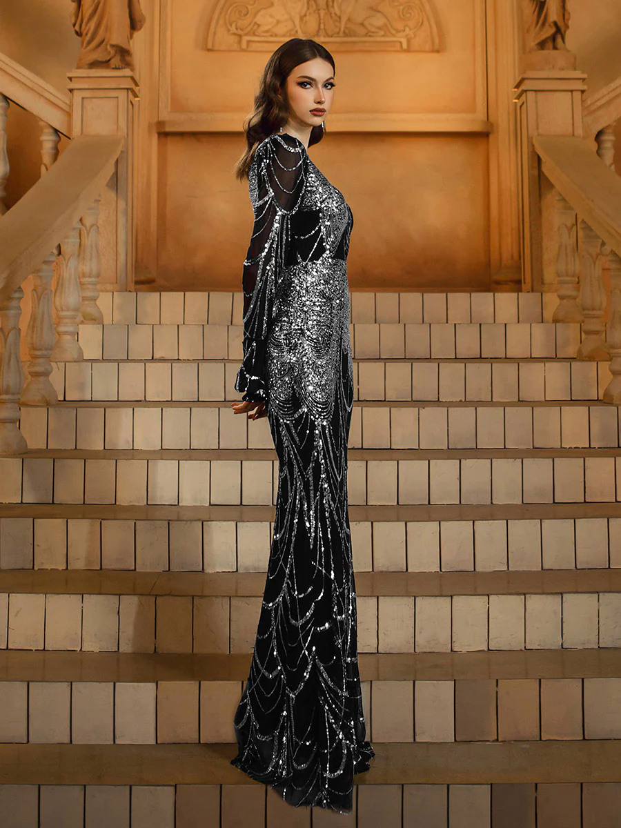 Black Sequin Ruffled Baroque Formal Dress MES72155