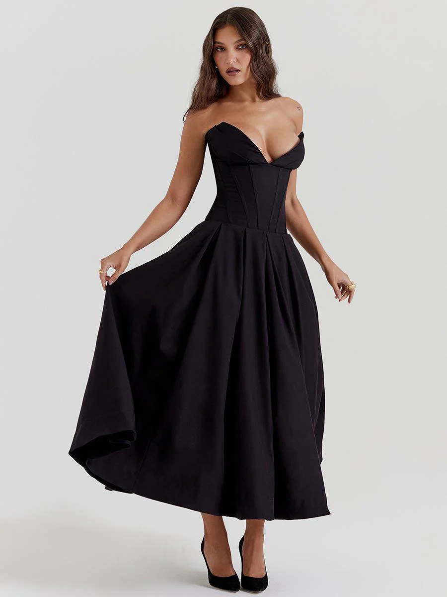 Black Corset Strapless A-line Prom Dress MYC1010