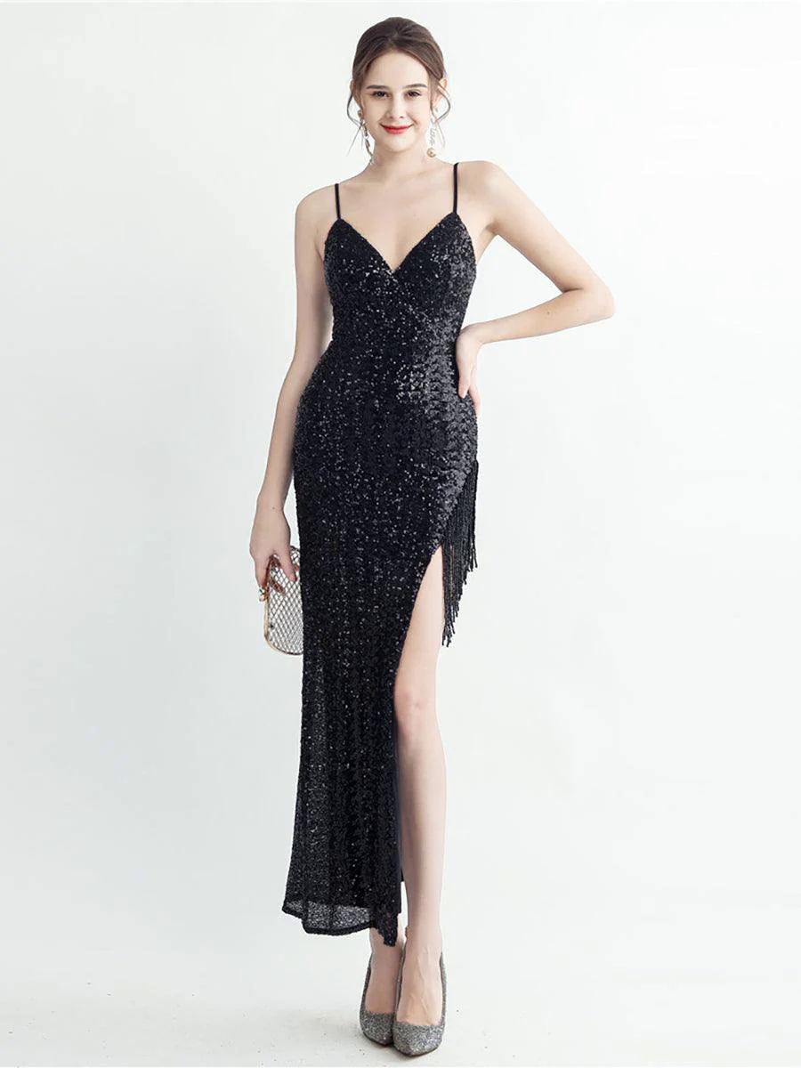 Fringed Sequin Spaghetti Split Cocktail Dress MYC2008