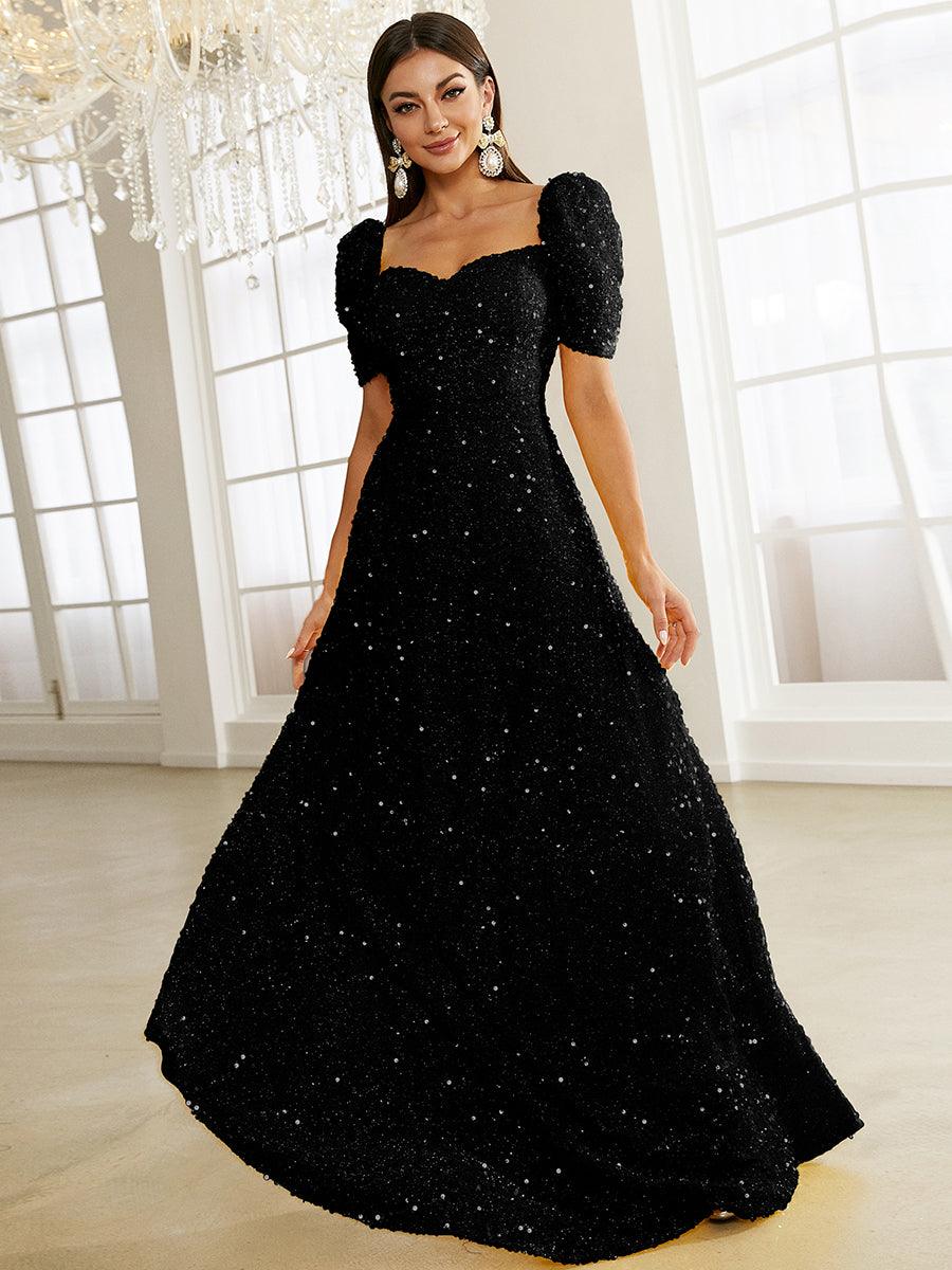 Light Yellow Puff Sleeve Sequin Maxi Dress XJ1509