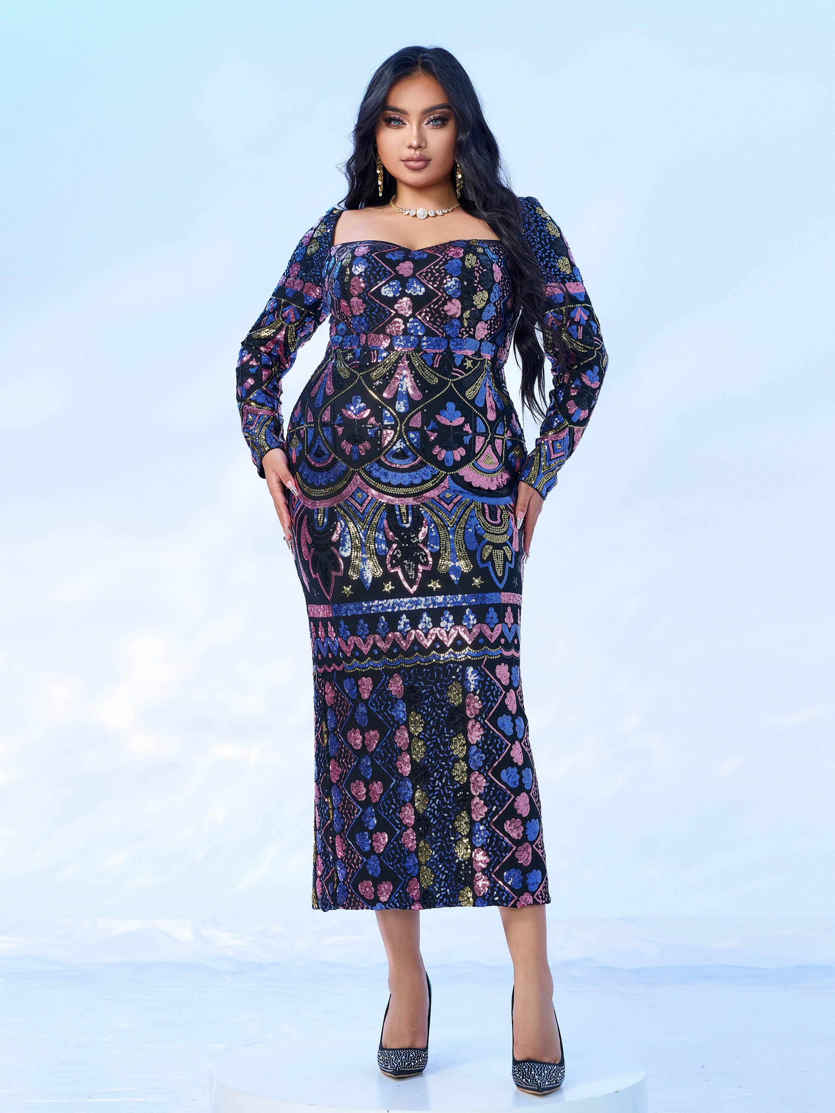 Plus Square Neck Sequin Split Midi Dress PRM20830