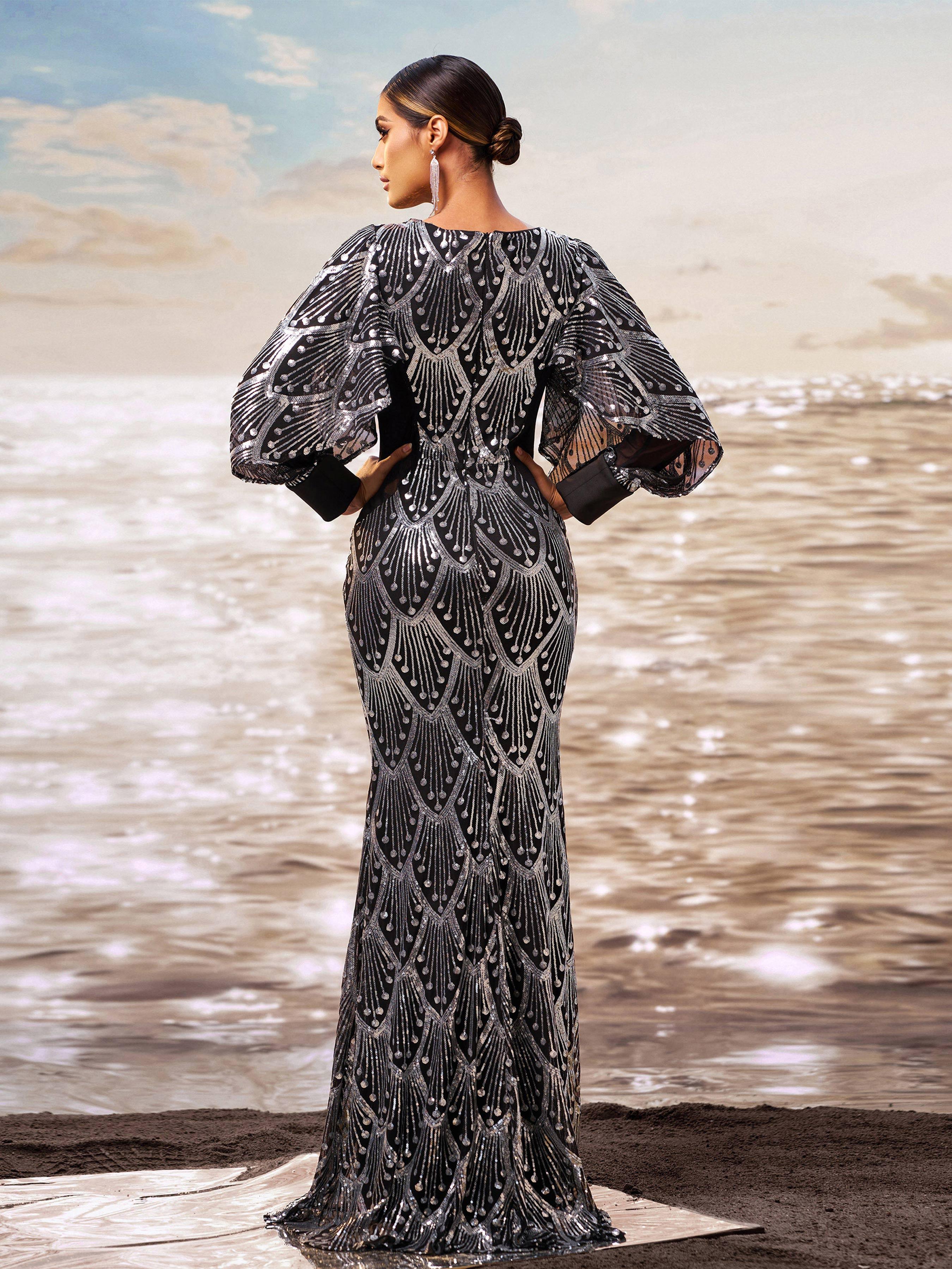 Classic Black Sequin Ballon Sleeve Prom Dress DH80287