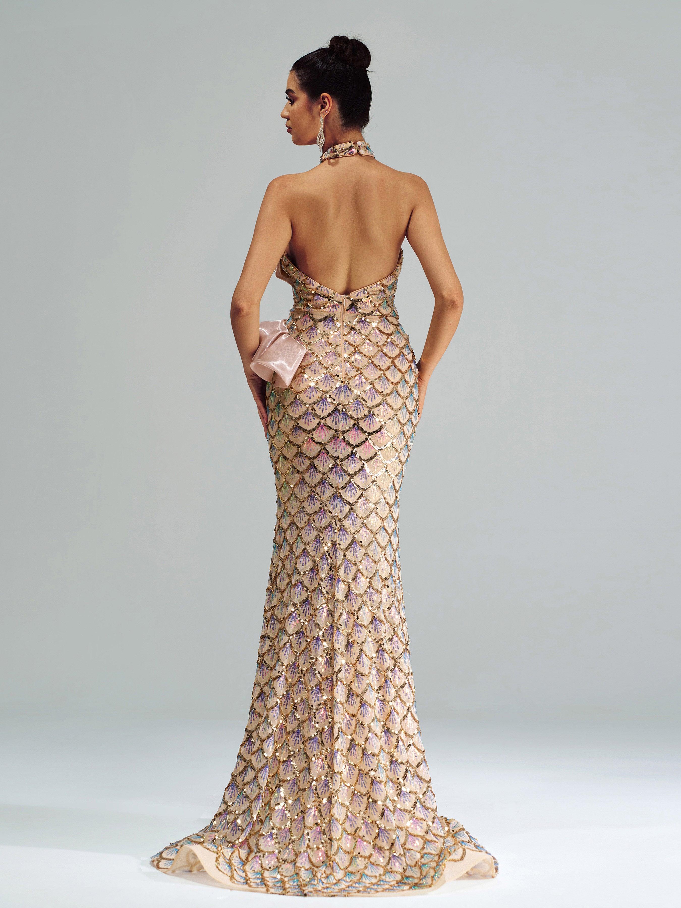 Halter Floral Mermaid Sequin Evening Dress DH80204