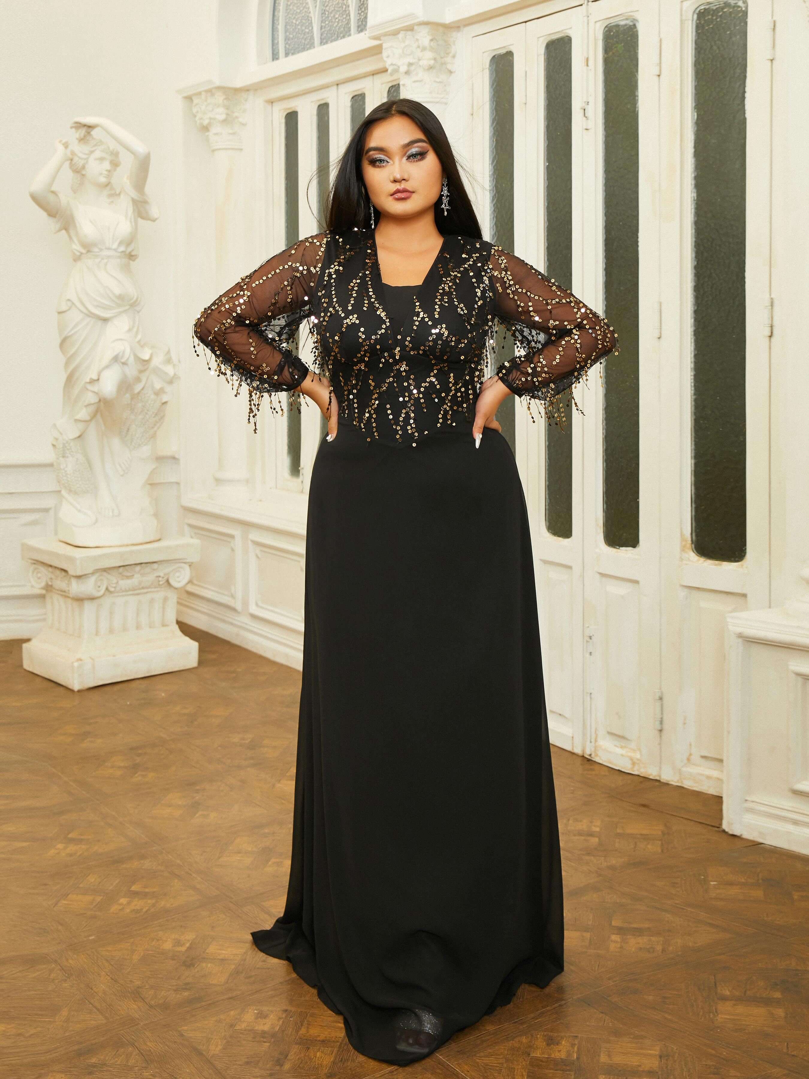 Plus Size Panel V-neck A-line Prom Dress PRM20910