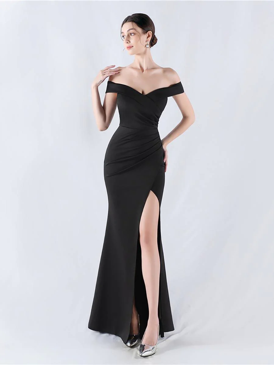 Off Shoulder Ruched Split Prom Dress MYN1003