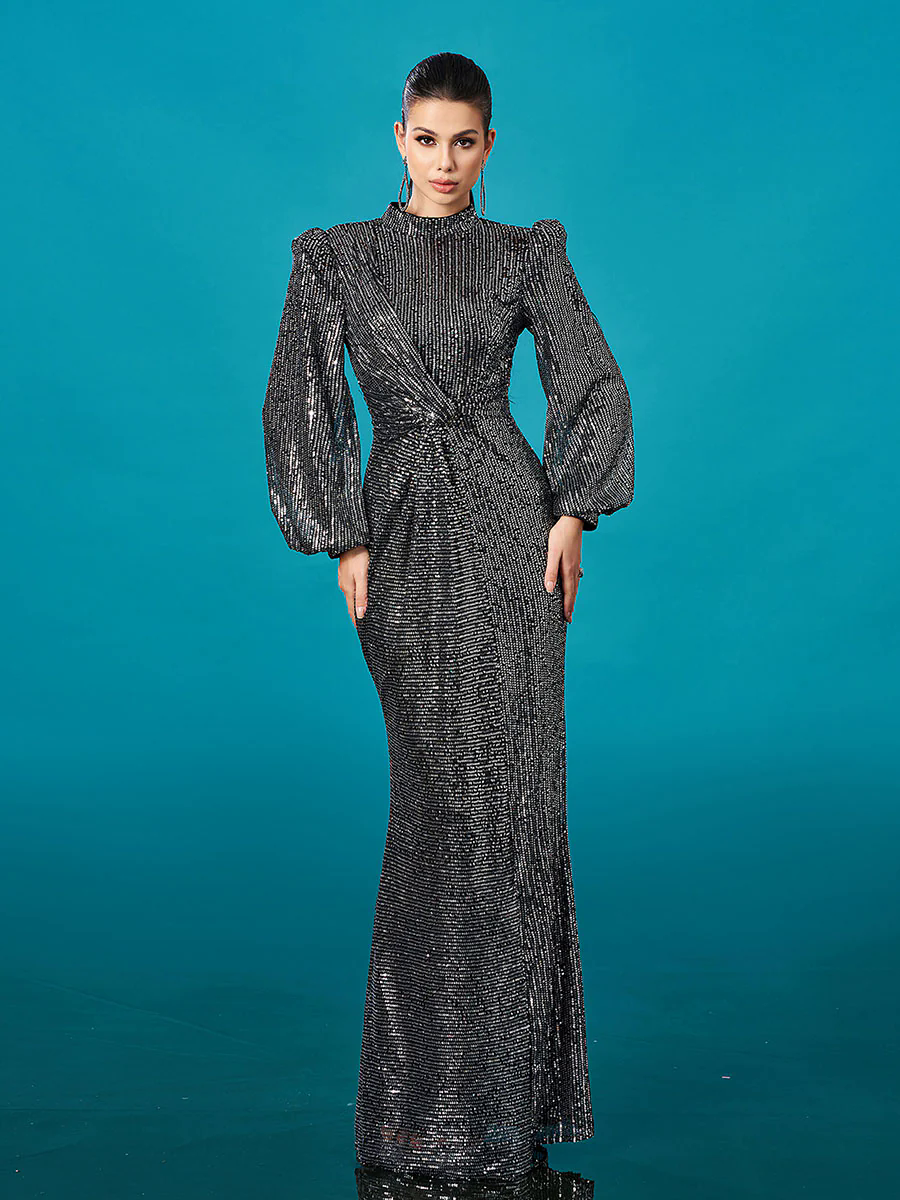 Long Sleeve Folds Solid Sequin Formal Dress DH80421