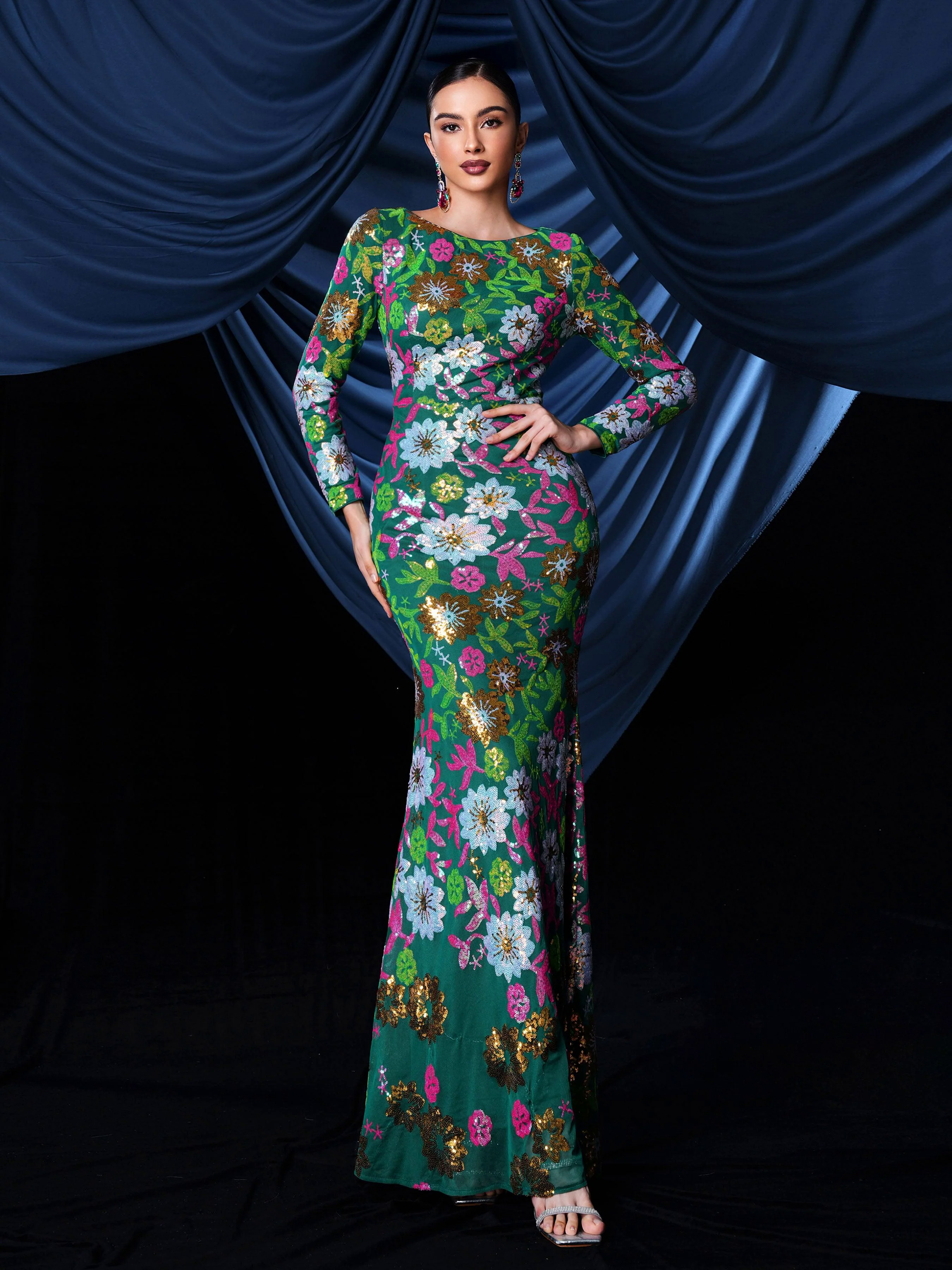 Crew Neck Floral Sequin Dress RJ10987